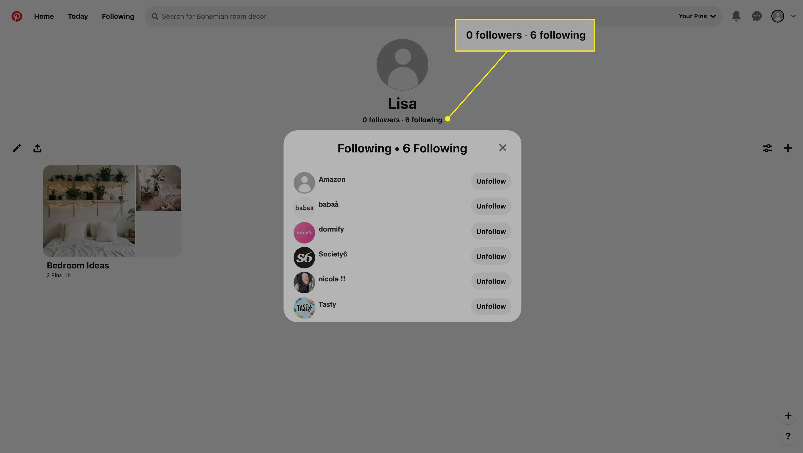 Os links "seguidores" e "seguindo" no Pinterest