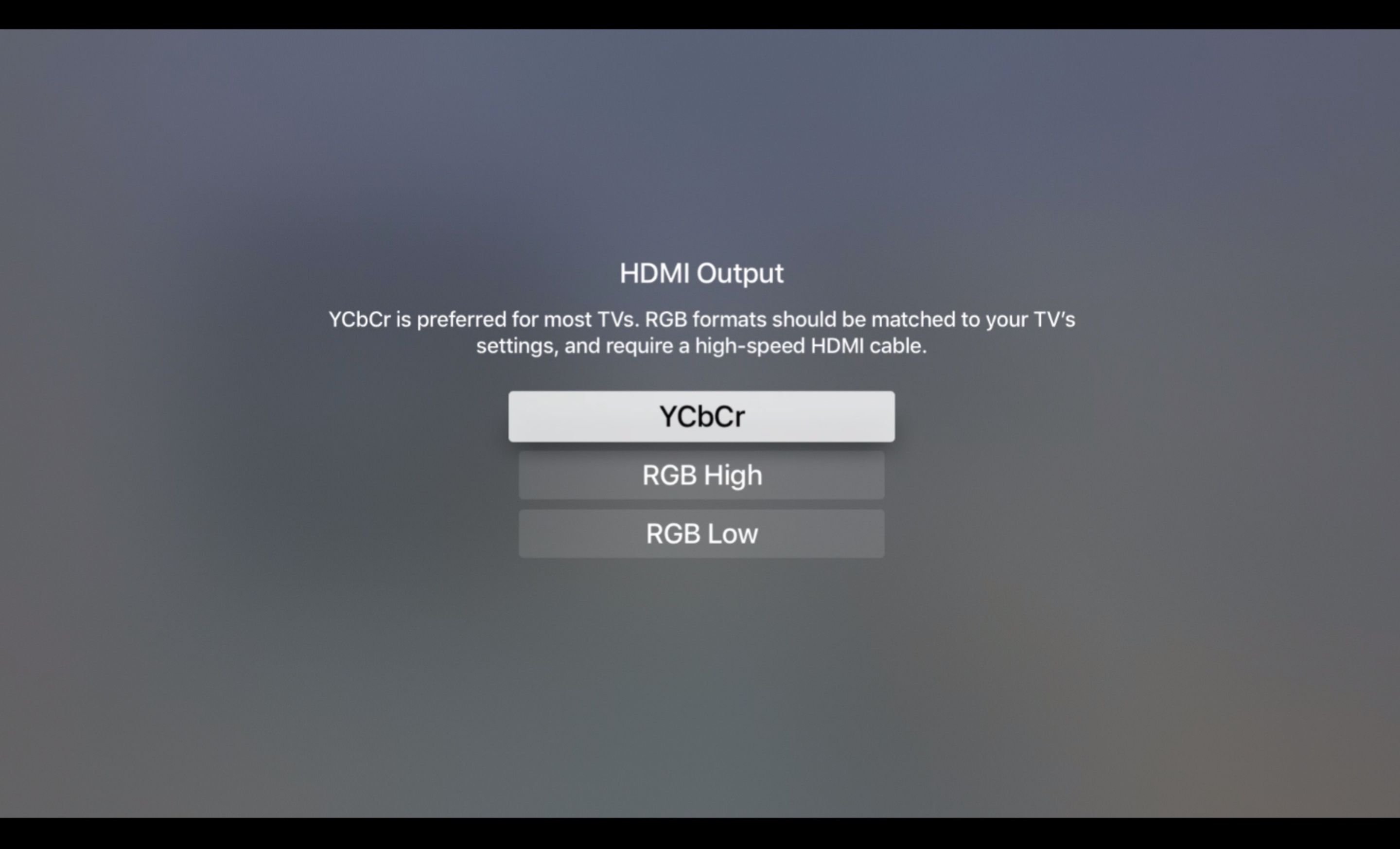 Tela de saída HDMI na Apple TV, definida como YCbEr