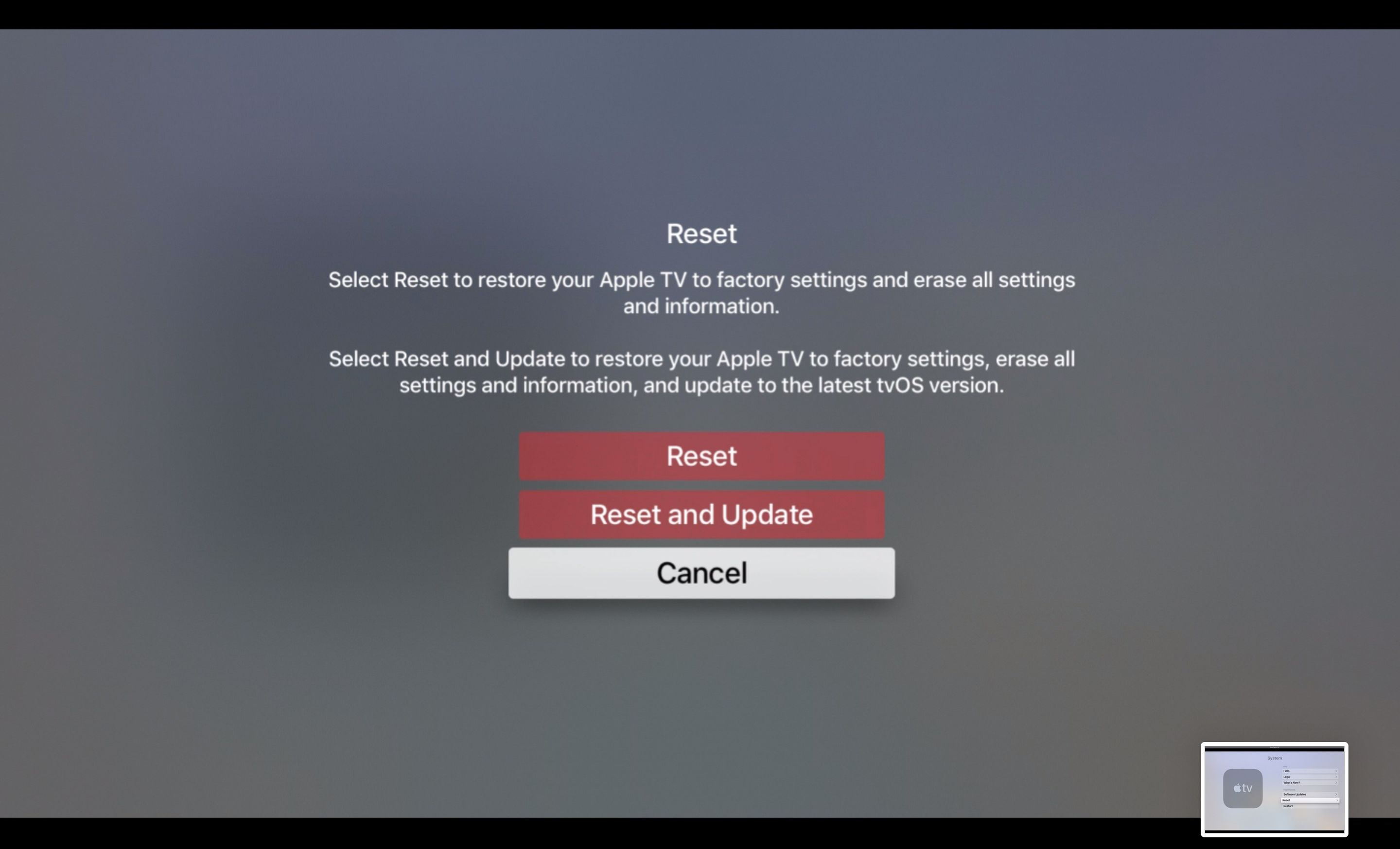 Redefinir, redefinir e atualizar ou cancelar na tela de redefinição do Apple TV