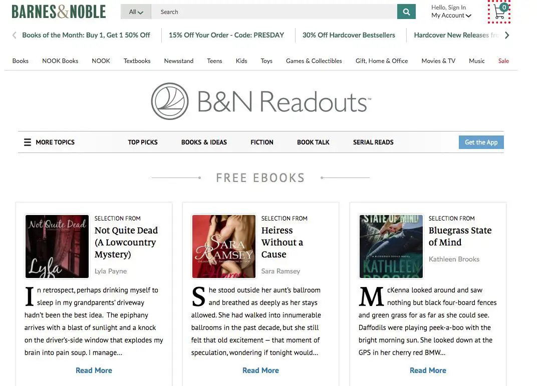 Captura de tela do B&N Readouts, que oferece eBooks gratuitos do Nook