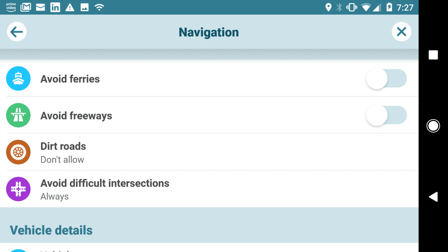 Captura de tela das opções de roteamento no Waze