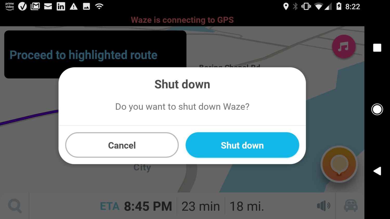 Captura de tela de saída da navegação no Waze