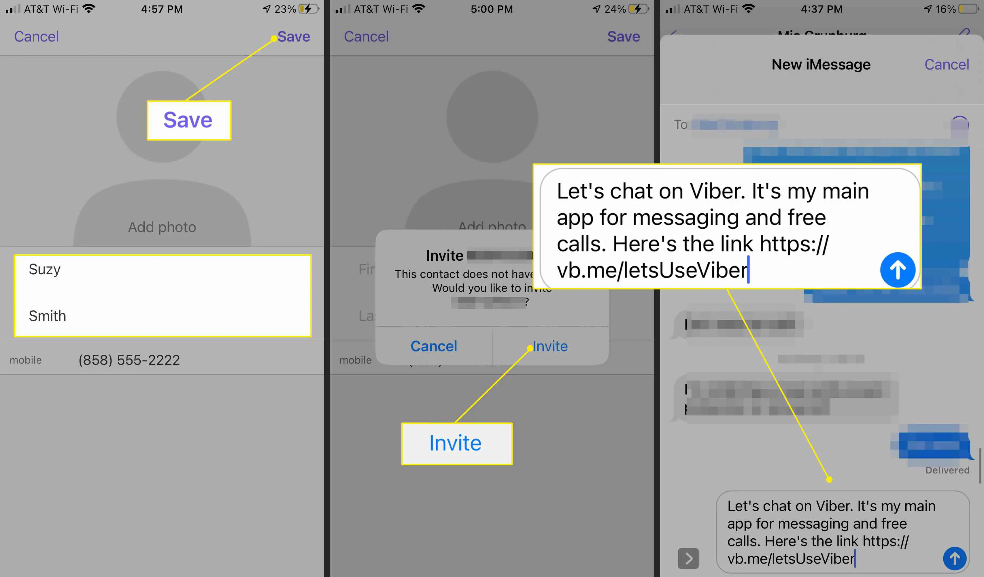 Aplicativo Viber para adicionar tela de contato com convite de texto
