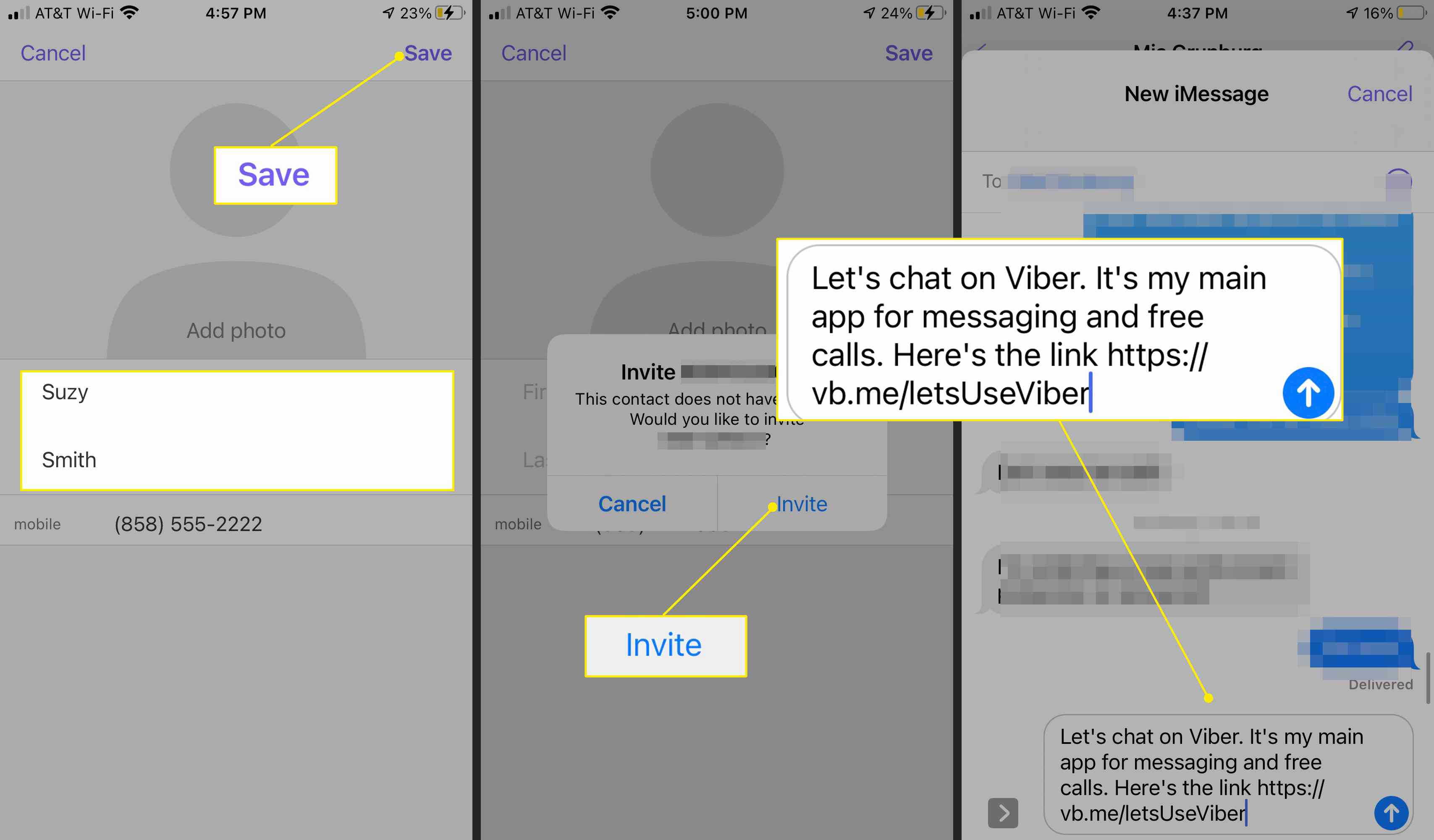 Aplicativo Viber para adicionar tela de contato com convite de texto