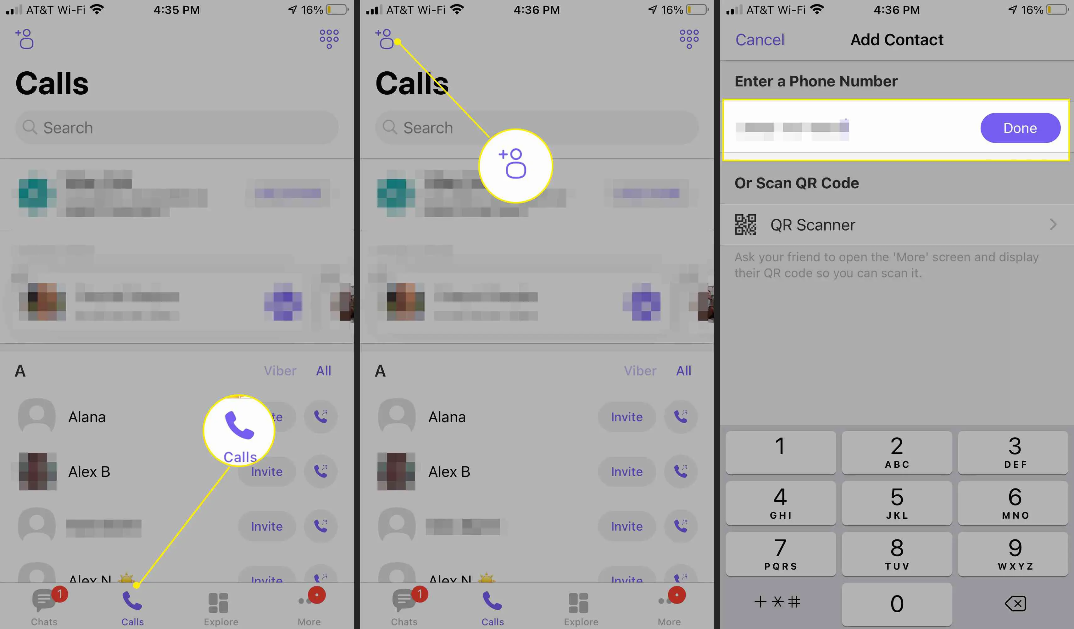 Telas do aplicativo Viber com "Chamadas", "Ícone Adicionar contato" e Concluído em destaque