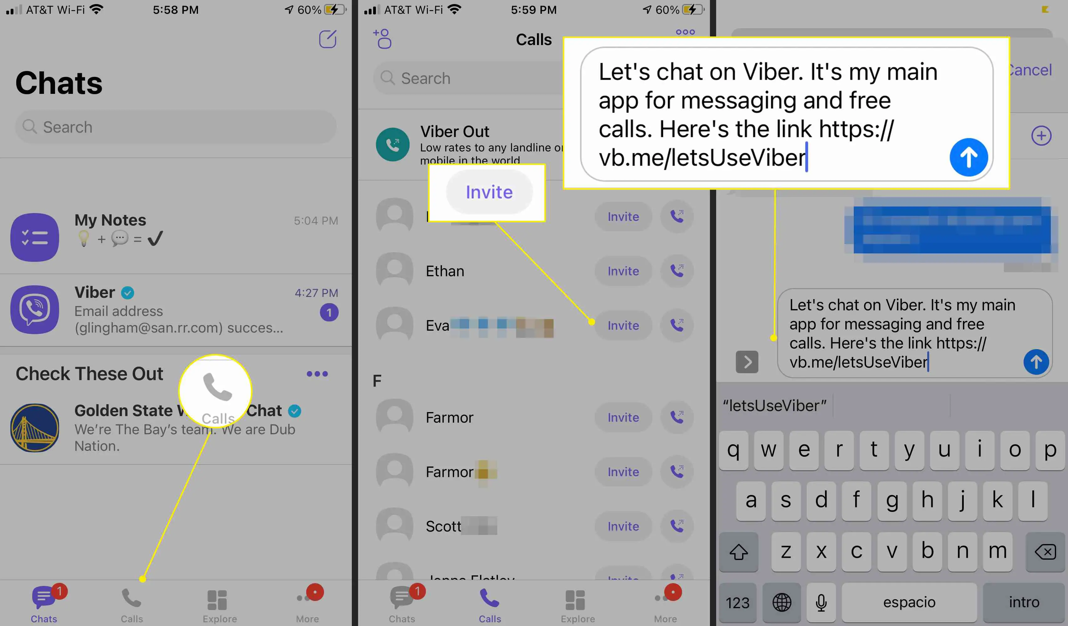 Tela do aplicativo Viber mostrando como enviar um convite para um contato atual