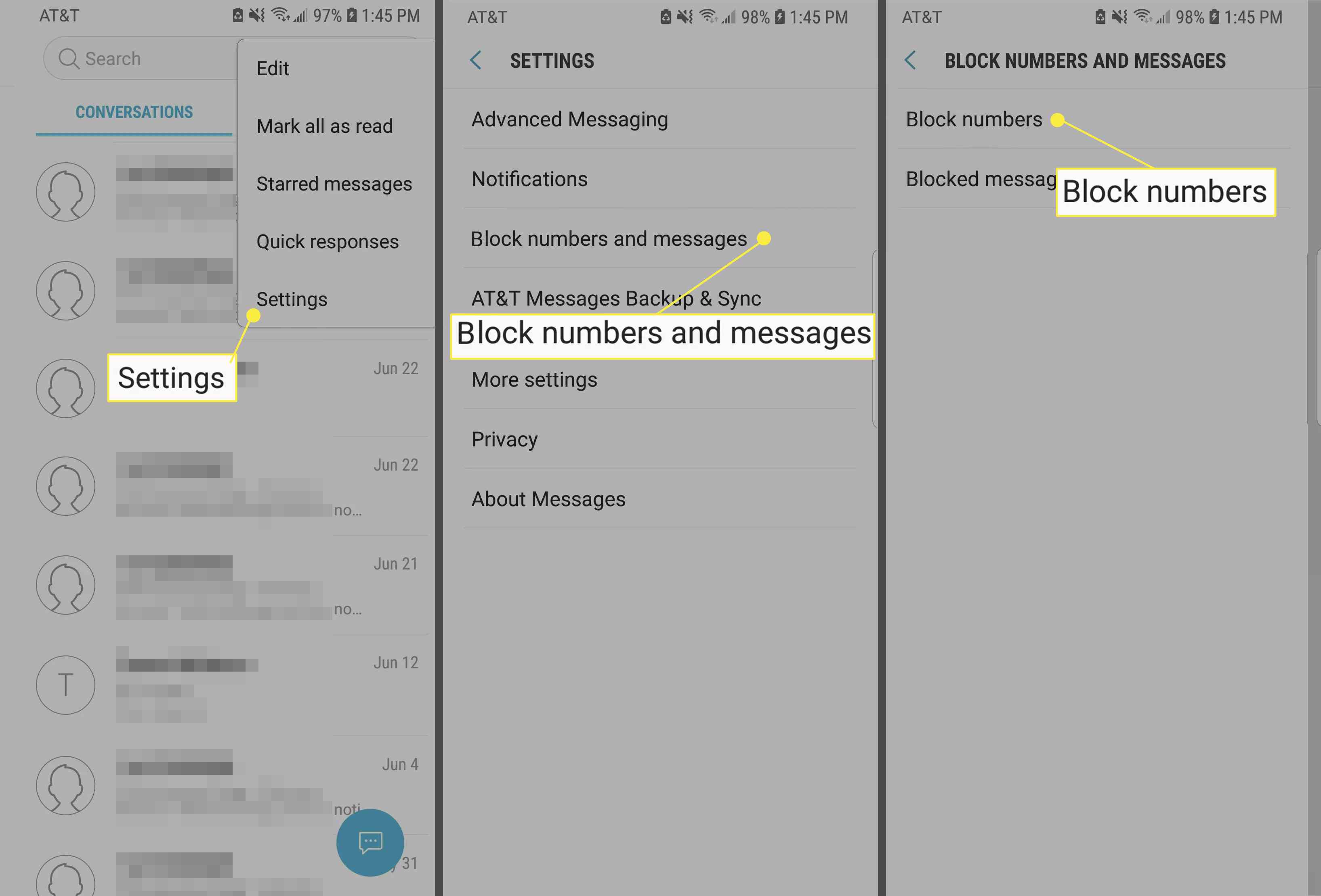 Números de blocos Android e mensagens