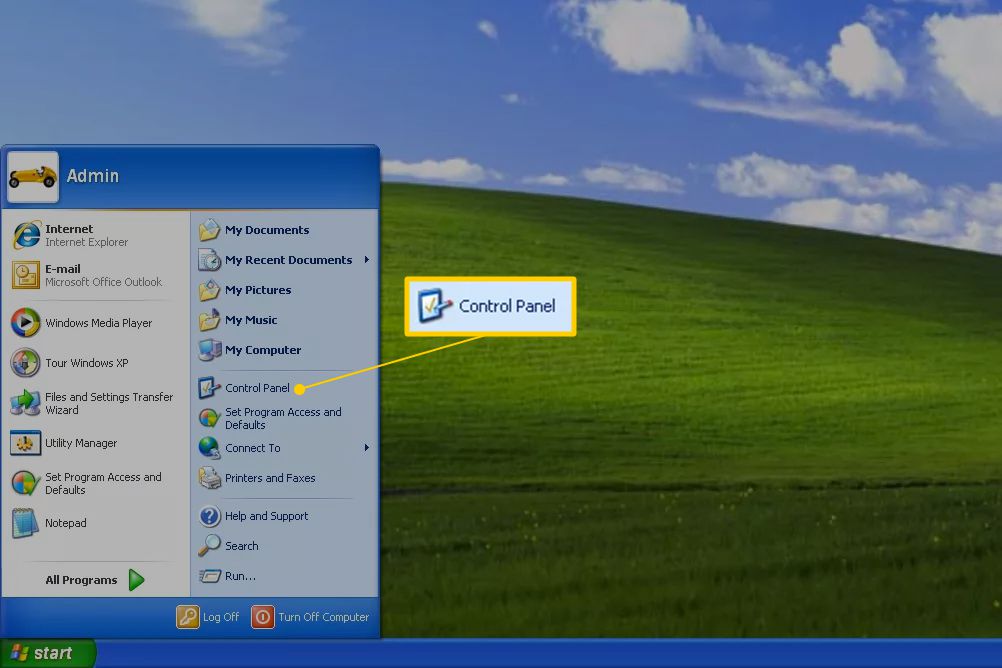 Ícone do painel de controle no menu Iniciar do Win XP