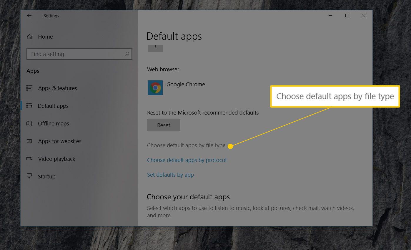Escolha os aplicativos padrão por link de tipo de arquivo nas configurações do Windows 10
