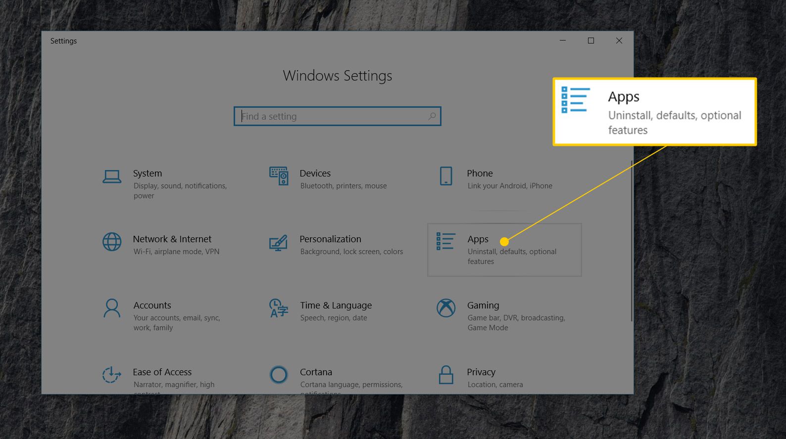 Botão de aplicativos nas configurações do Windows 10