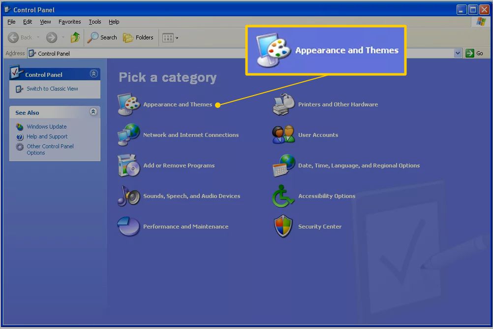 Aparência e temas no painel de controle do Windows XP