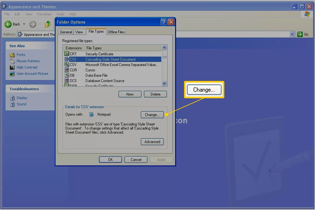 Botão Alterar em Opções de pasta para Windows XP