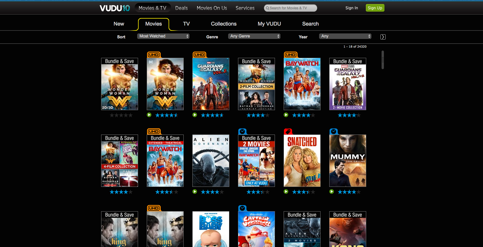 Interface da web Vudu para a categoria Filmes