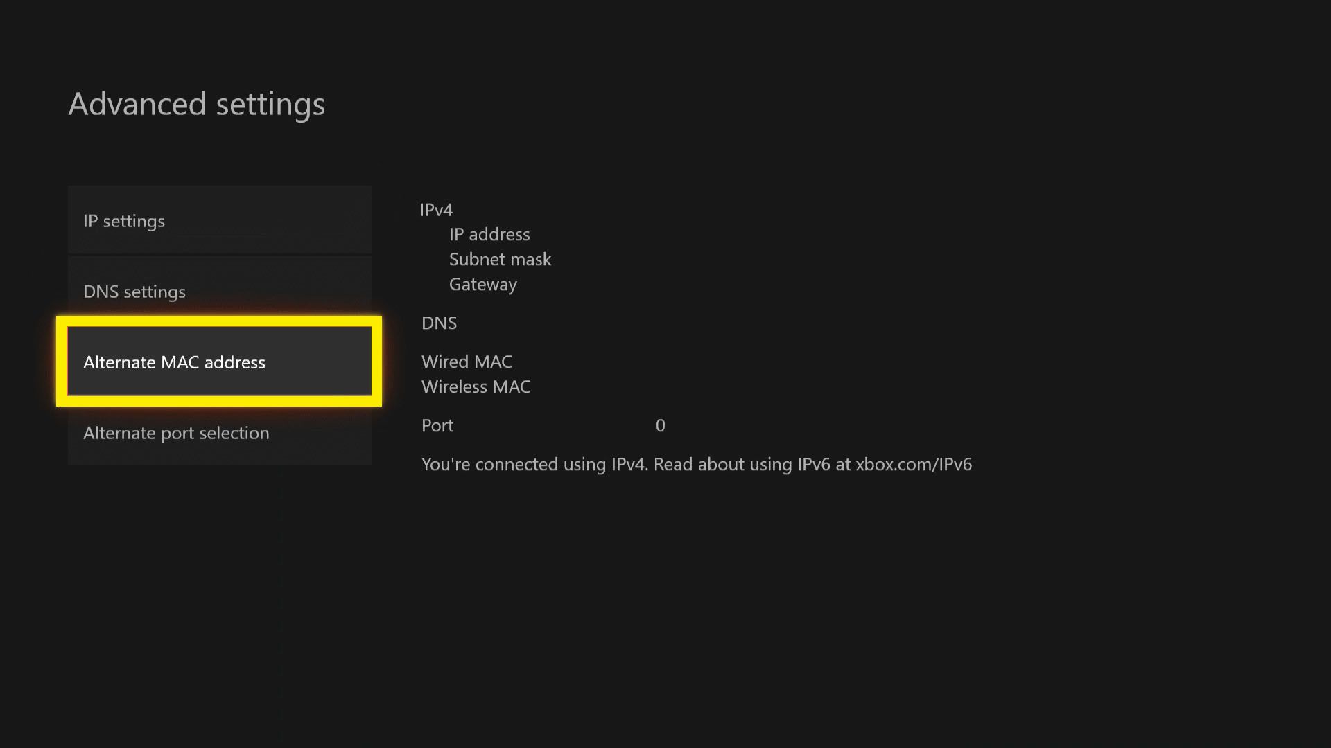Menu de configurações avançadas do Xbox One com 'Endereço MAC alternativo' selecionado