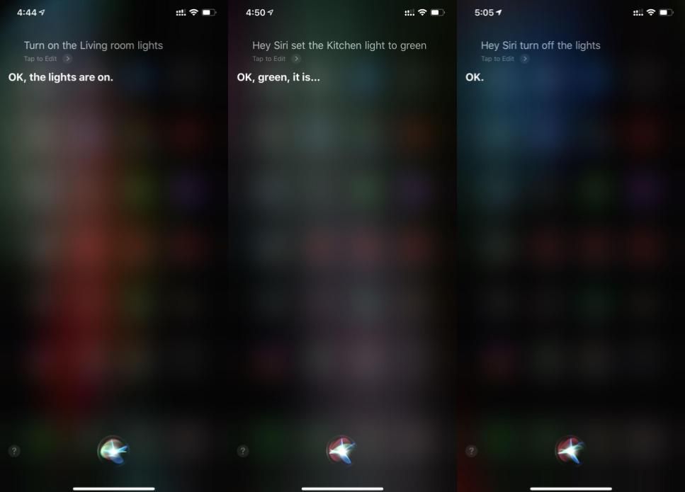Captura de tela mostrando como ligar as luzes usando o Siri.