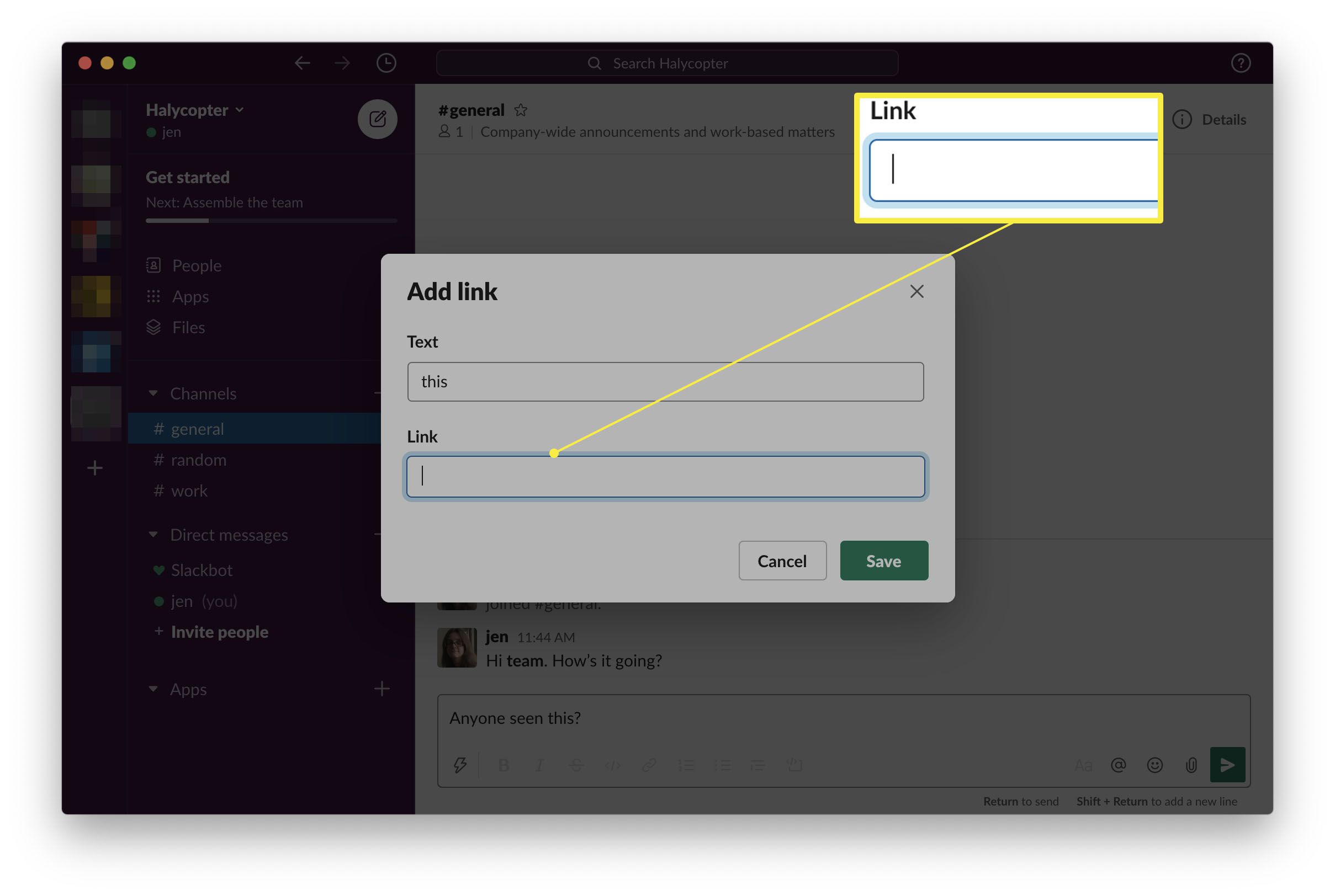 Aplicativo Slack com a caixa de diálogo Adicionar link exibida