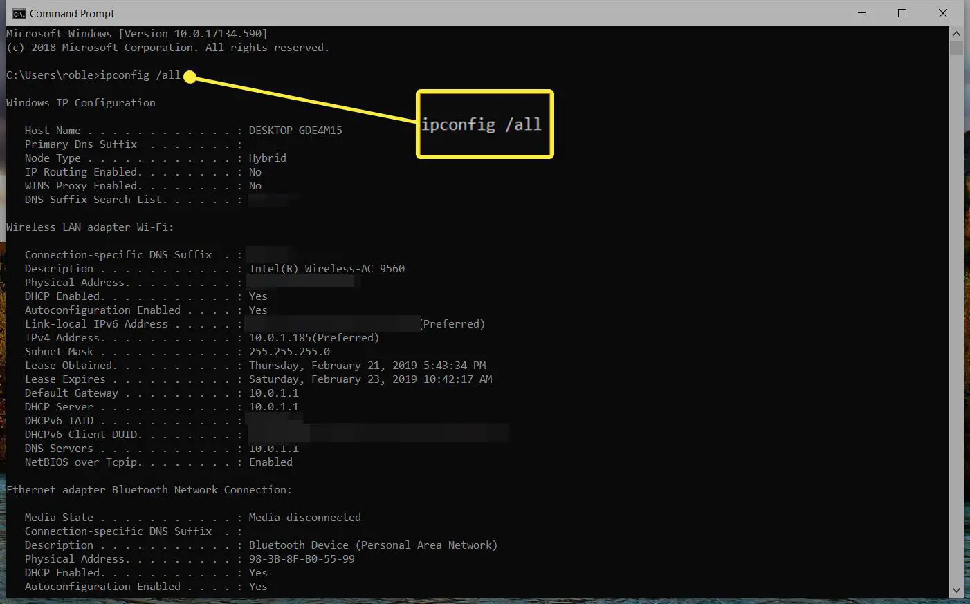 captura de tela do comando ipconfig / all e resulta no prompt de comando via Windows 10
