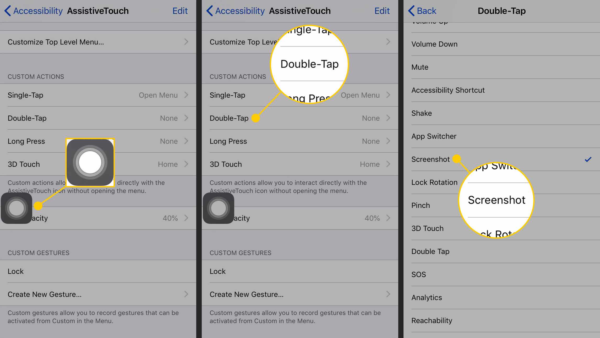 Atribuindo Double-Tap para fazer uma captura de tela no AssistiveTouch em um iPhone