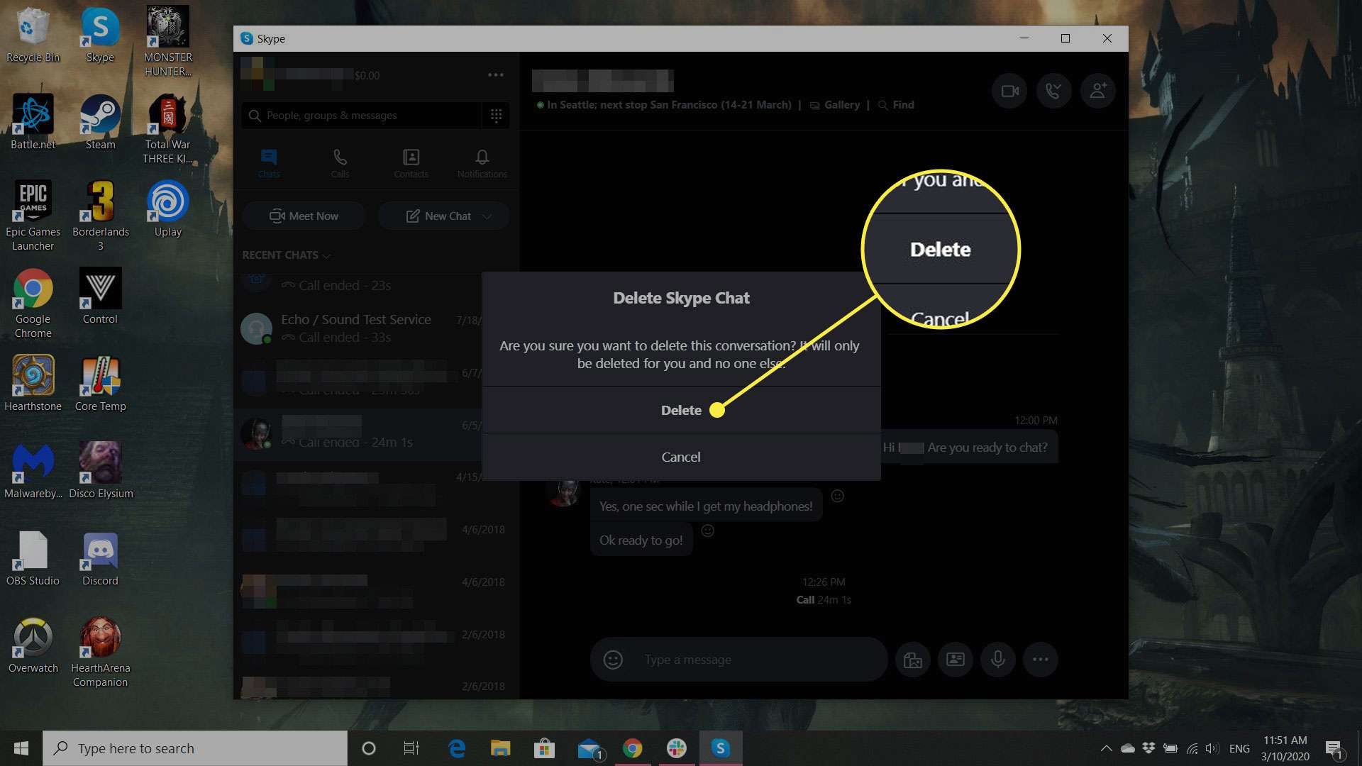 Uma captura de tela do Skype "Excluir bate-papo do Skype" janela de confirmação com o botão Excluir destacado
