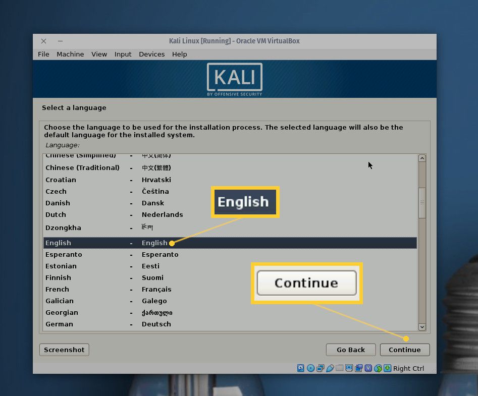 Captura de tela da janela de seleção de idioma.