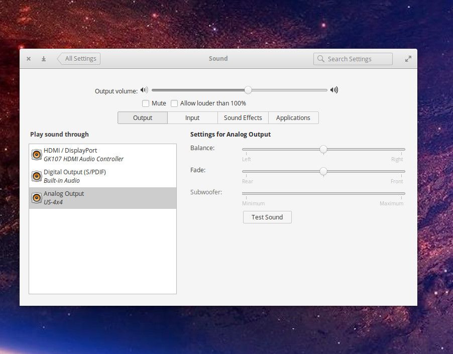 Captura de tela das configurações de som no Elementary OS.