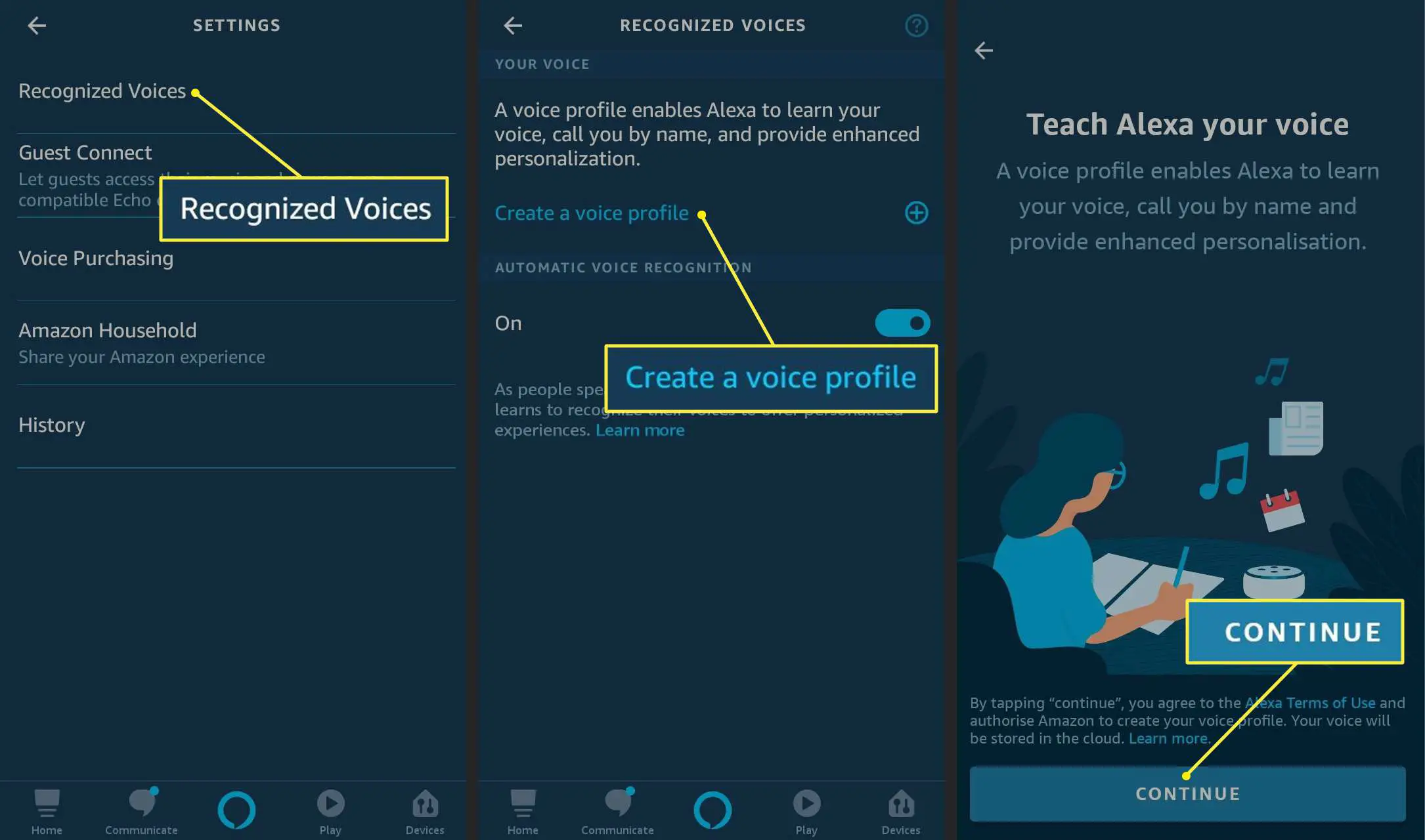 Aplicativo Alexa mostrando o caminho para criar um perfil de voz