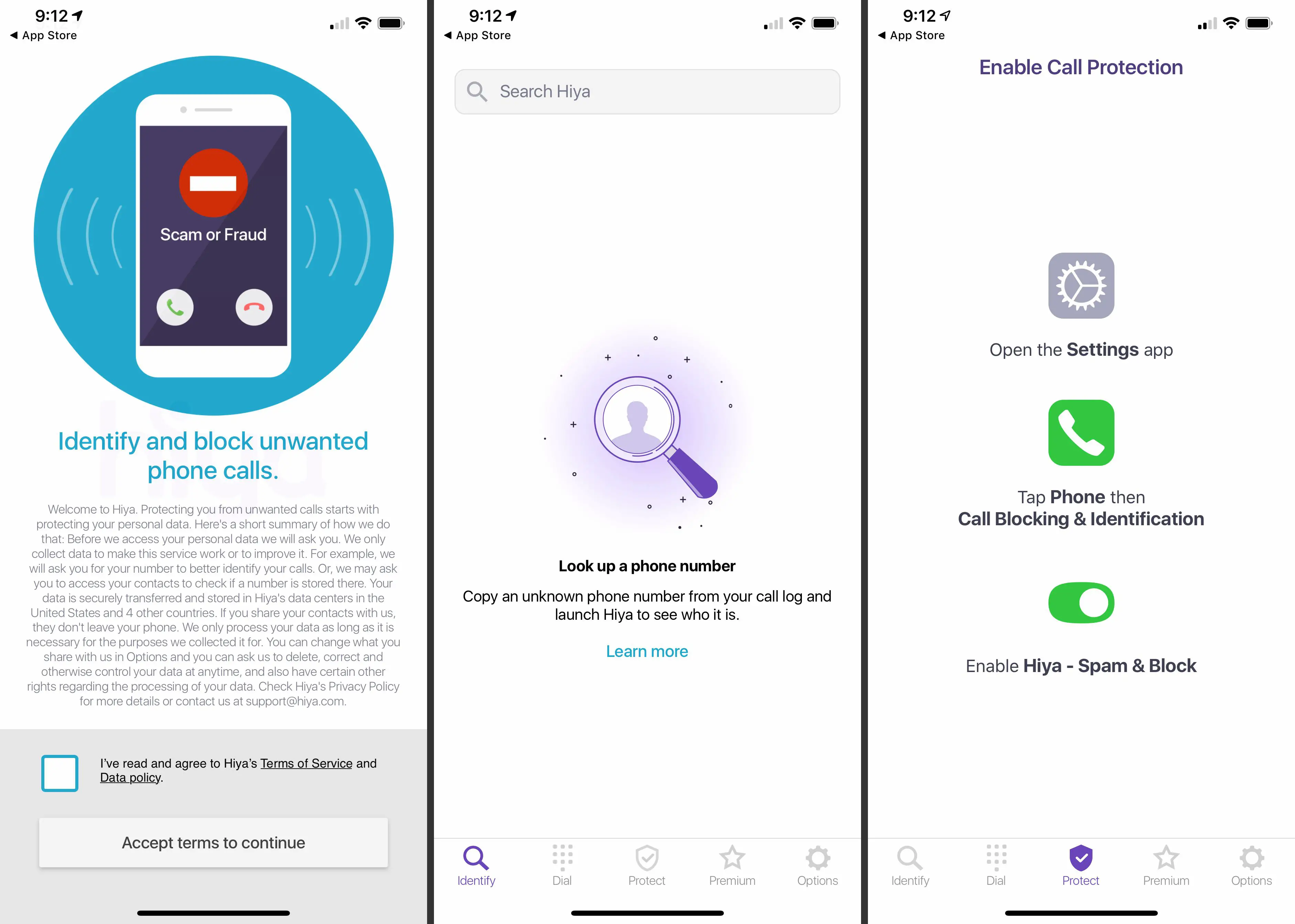 Três telas iOS do aplicativo Hiya exibindo o aplicativo bloqueador de chamadas em funcionamento