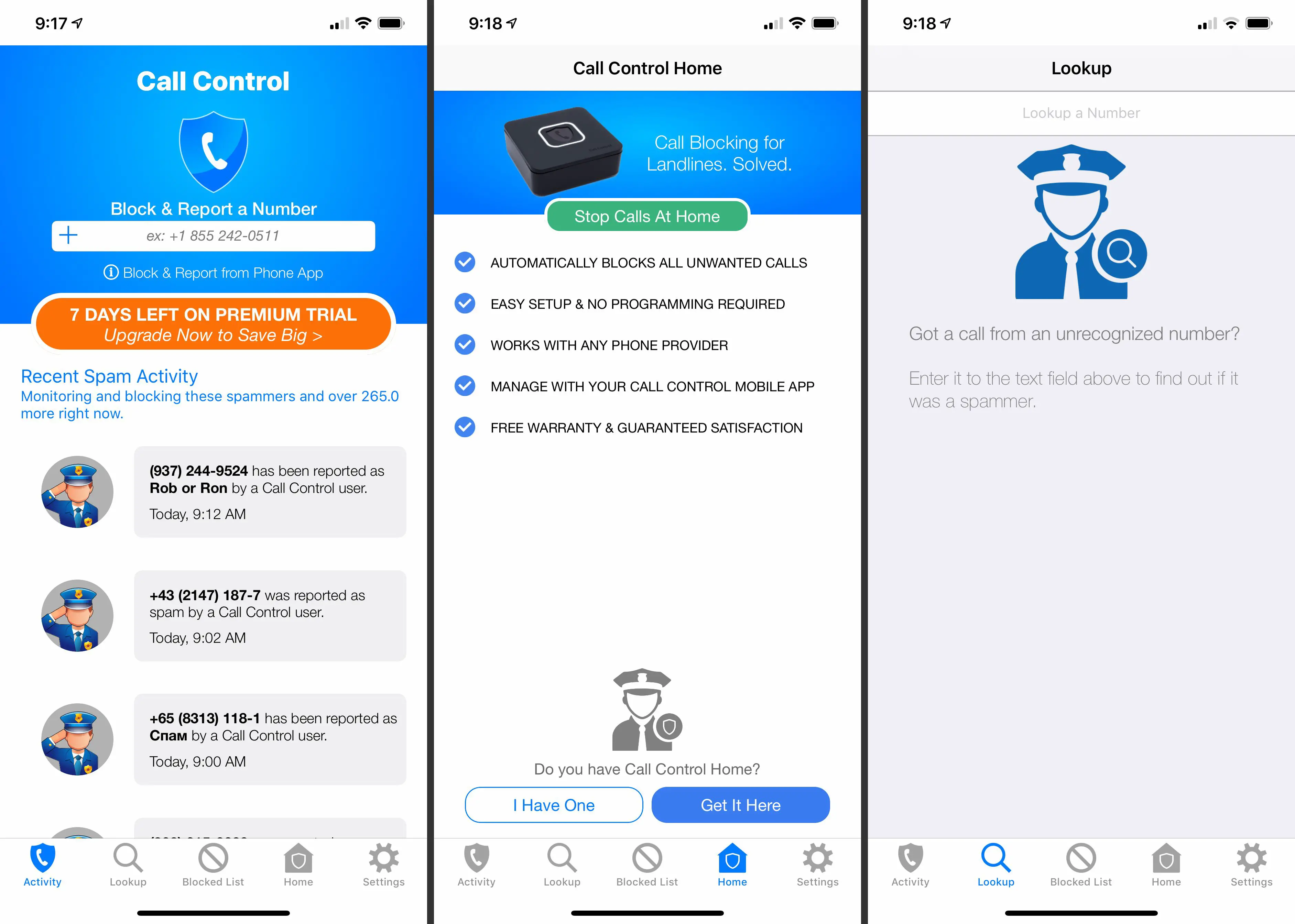 Três telas do iOS do aplicativo Call Control que representam o aplicativo bloqueador de chamadas em funcionamento
