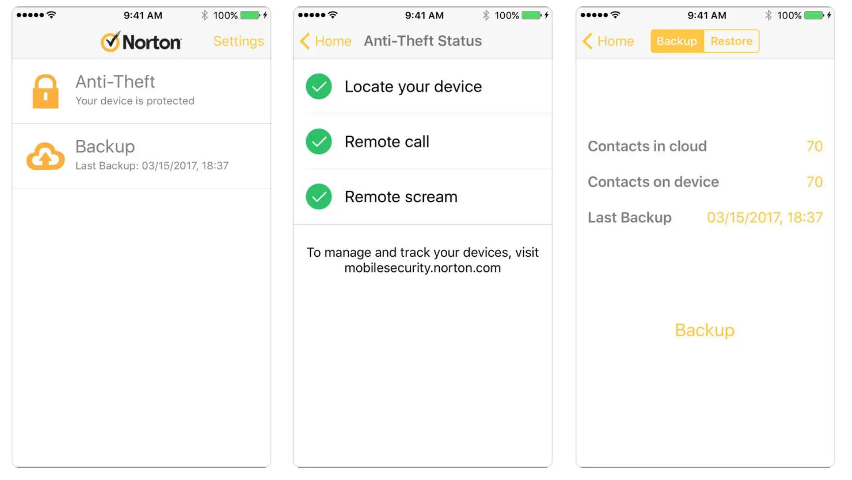 Capturas de tela do Norton Mobile Security do iTunes mostrando o aplicativo bloqueador de chamadas em funcionamento