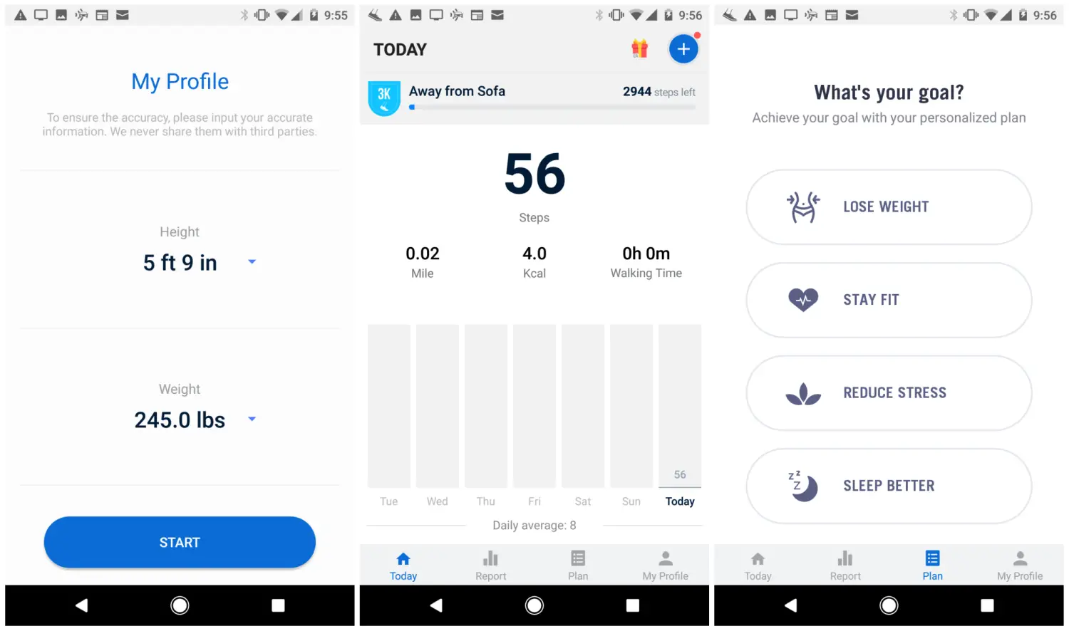 Capturas de tela do aplicativo Pedômetro de contagem de calorias