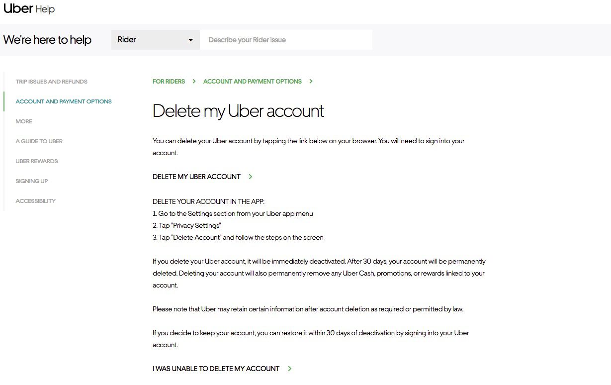 Página da web de exclusão de conta Uber