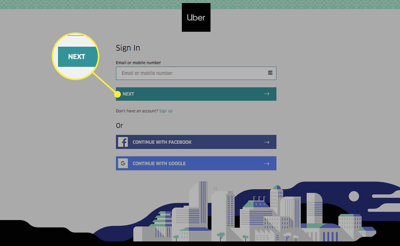 Uma captura de tela da página de login do Uber com o botão Avançar destacado
