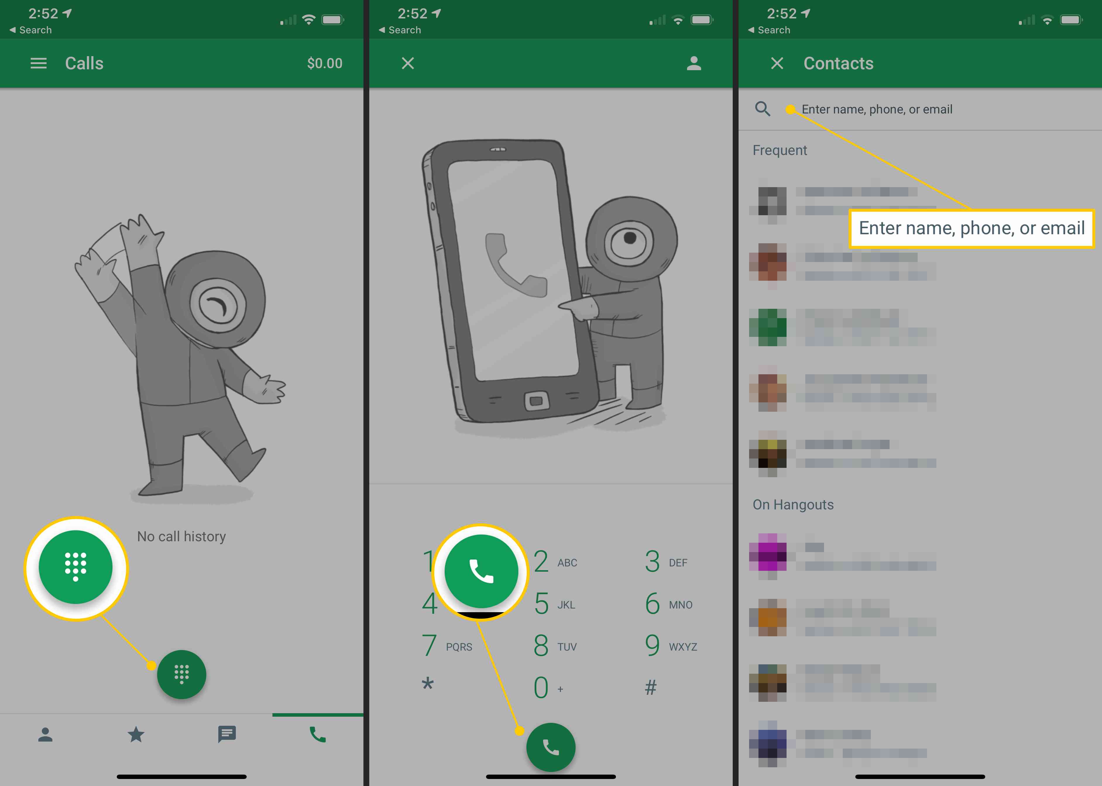 Discador, ícone de chamada telefônica, pesquisa de contatos no aplicativo Hangouts para celular no iOS