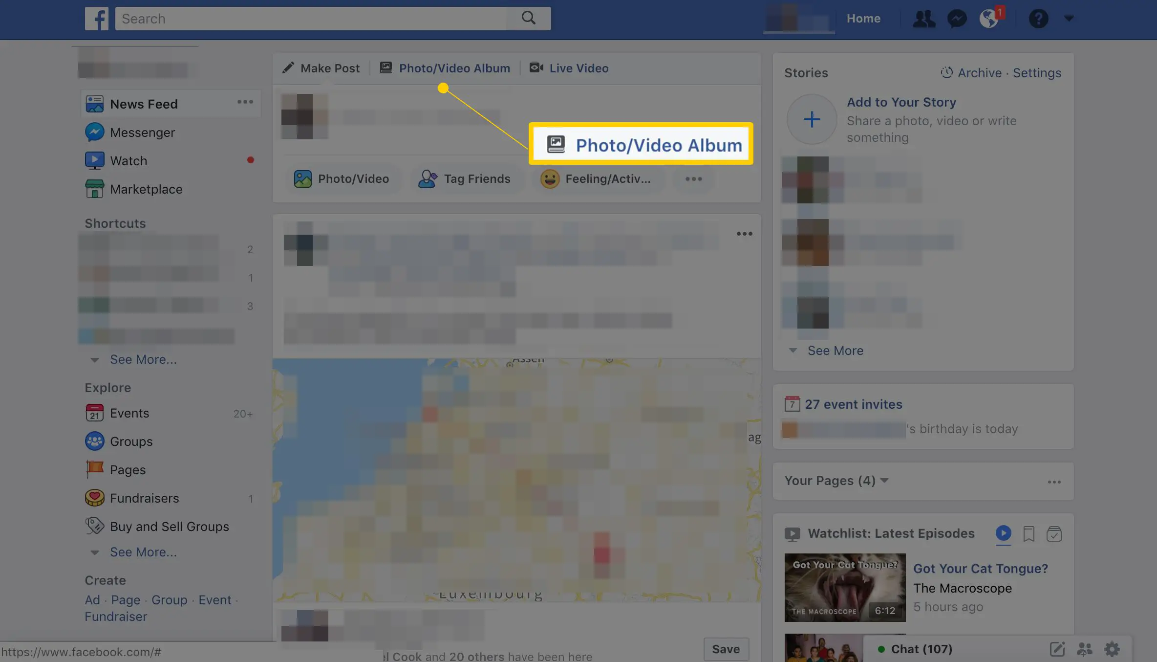 Botão de álbum de foto / vídeo na página principal do Facebook, parte do processo de upload de várias fotos no Facebook