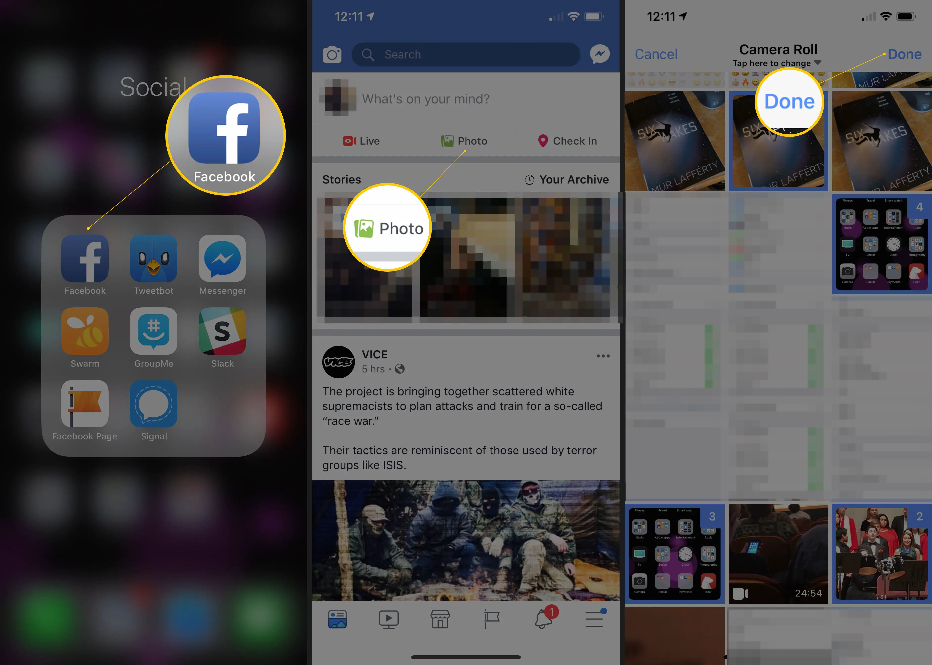 Três telas do iOS mostrando o ícone do Facebook, o botão Foto e o botão Concluído, parte do processo de upload de várias fotos no Facebook