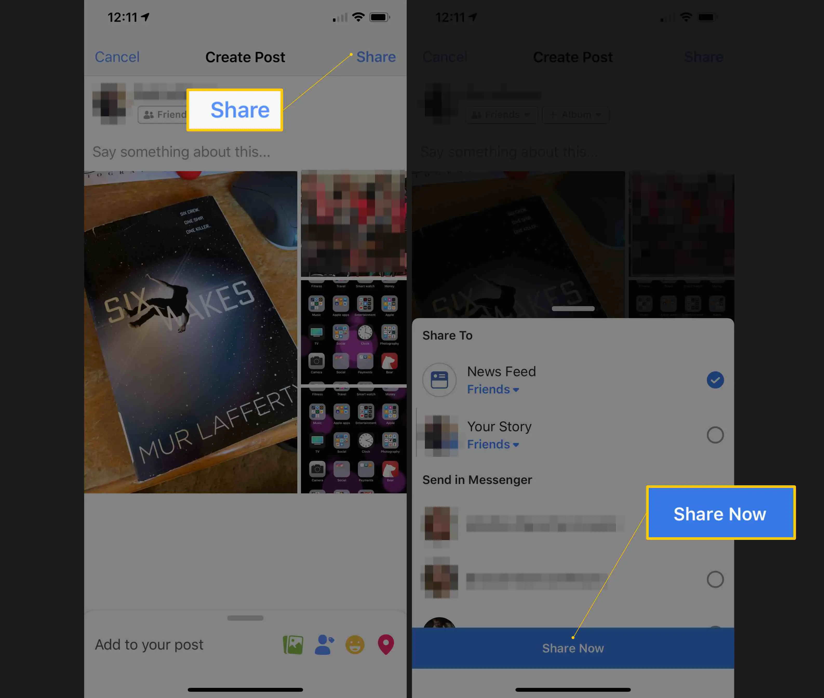 Duas telas do iOS mostrando os botões Share e Share Now, parte do processo de upload de várias fotos no Facebook