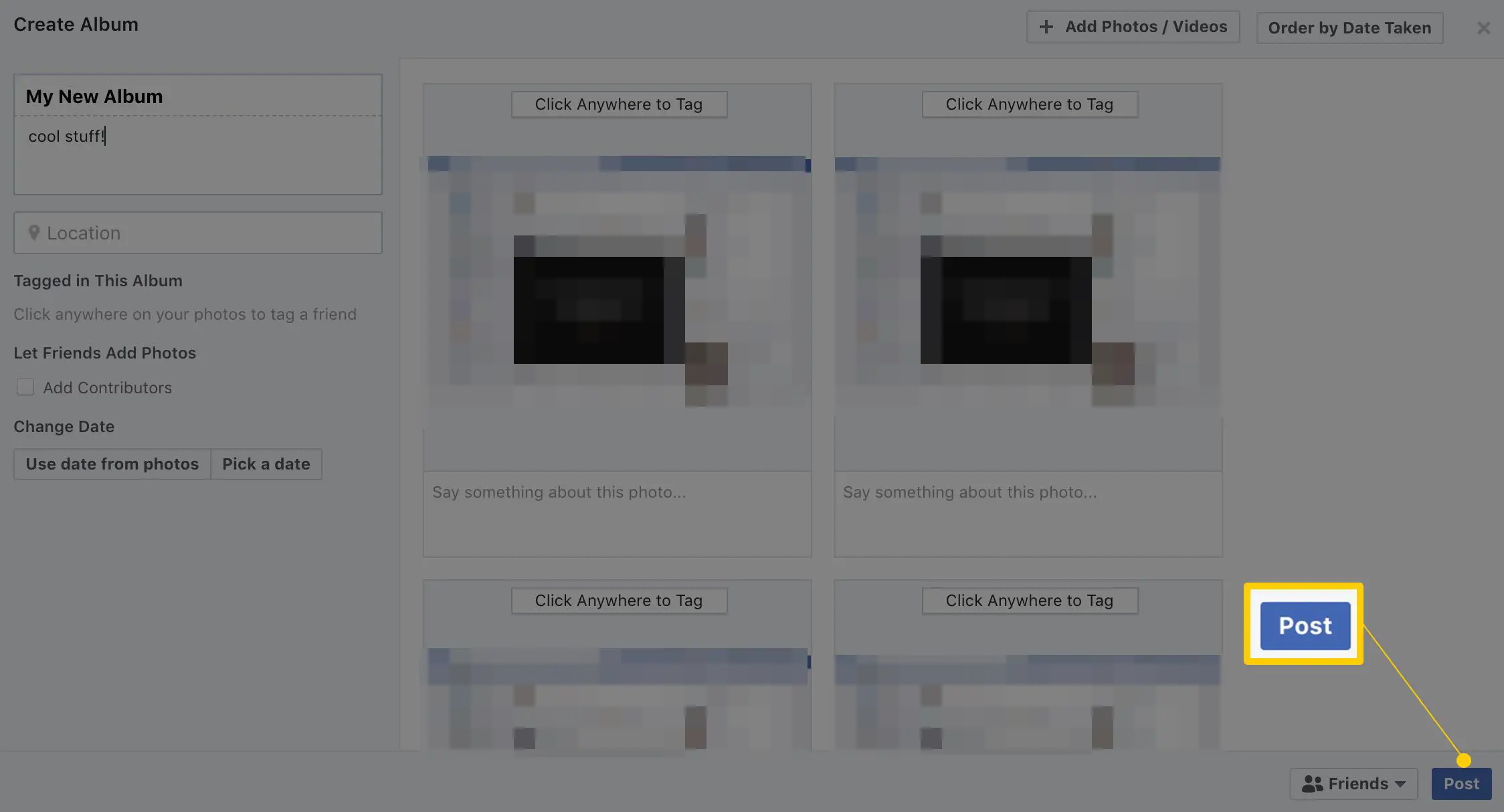 Botão Postar na página Criar Álbum do Facebook, parte do processo de upload de várias fotos no Facebook
