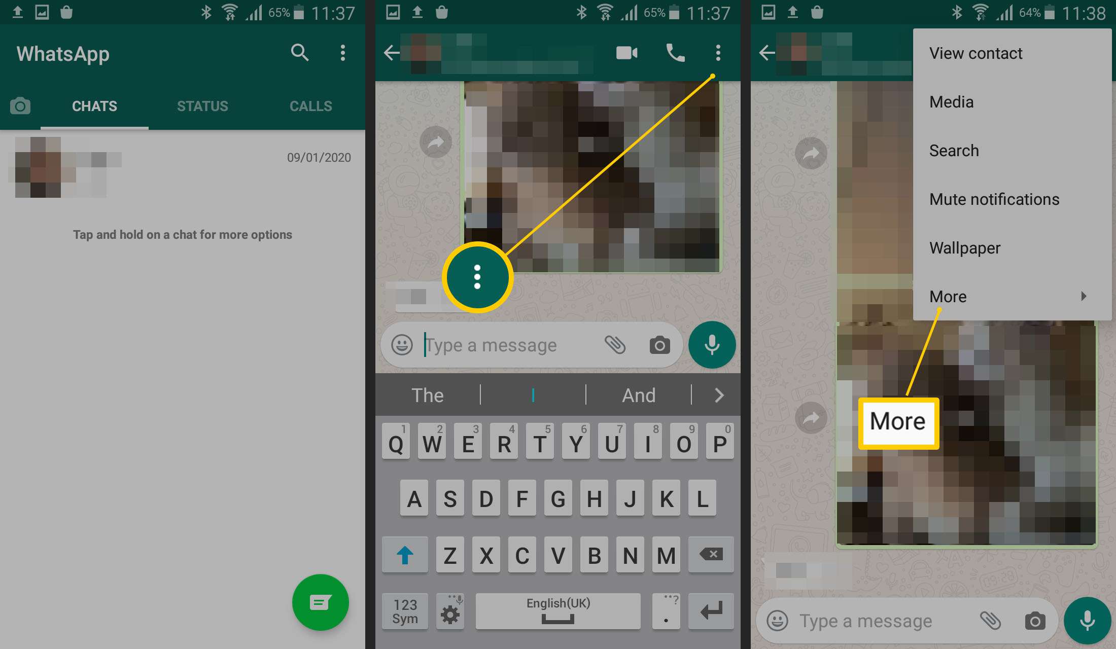 WhatsApp - onde tocar para abrir mais configurações em uma janela de conversa