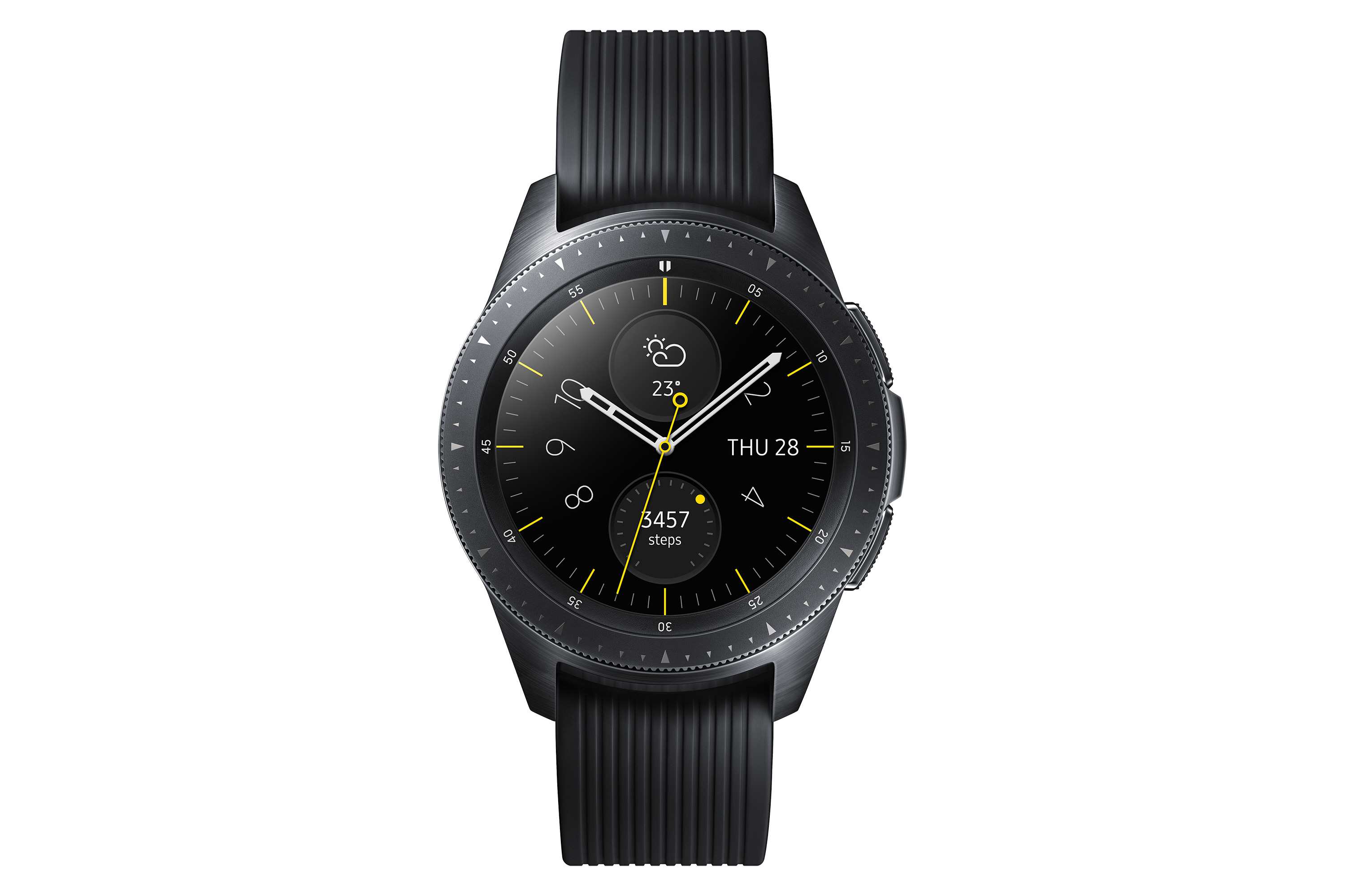 Relógio Samsung Galaxy preto em tamanho 42 mm.
