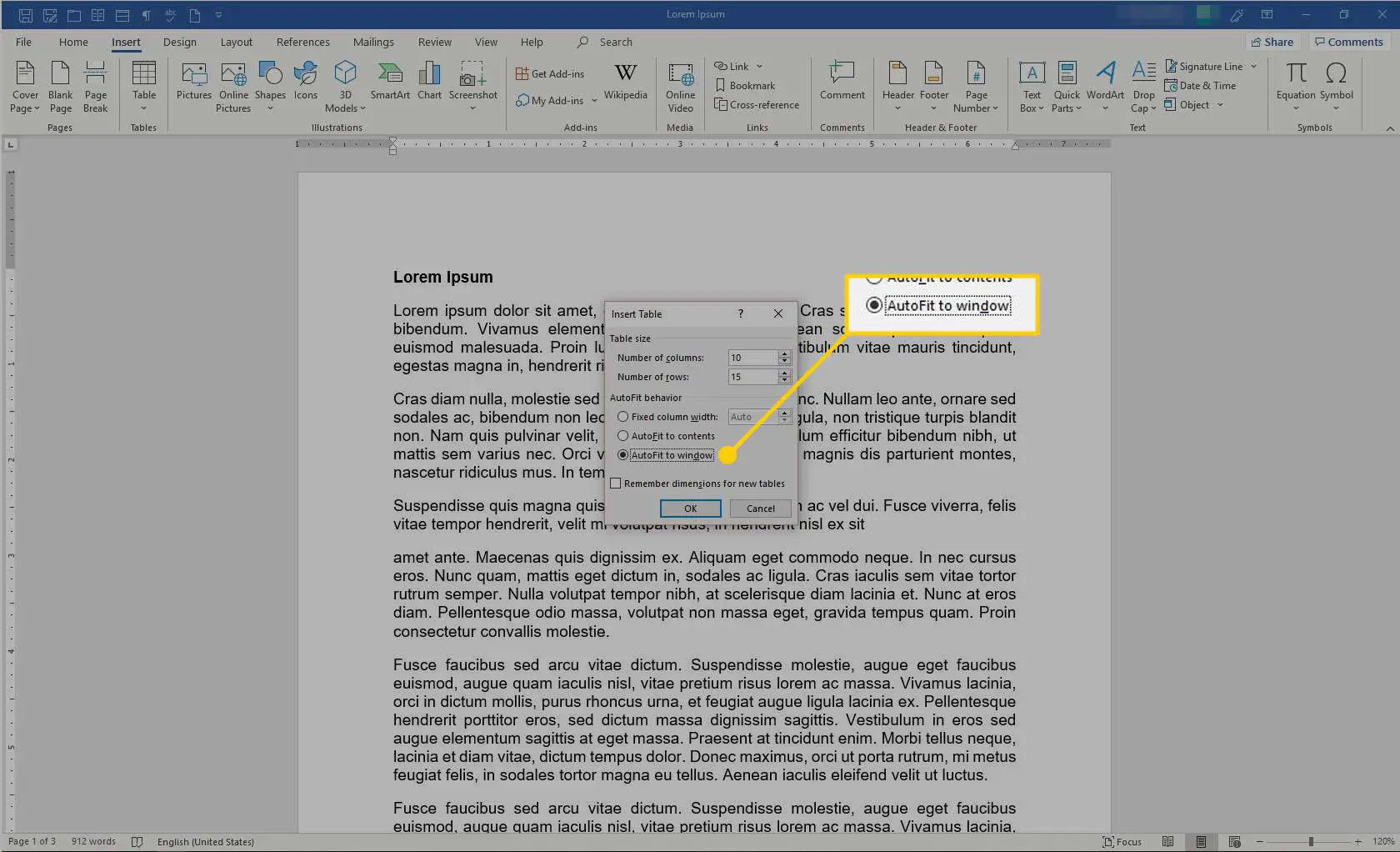 Inserir a caixa Tabela no Microsoft Word com a opção Ajustar automaticamente para janela destacada