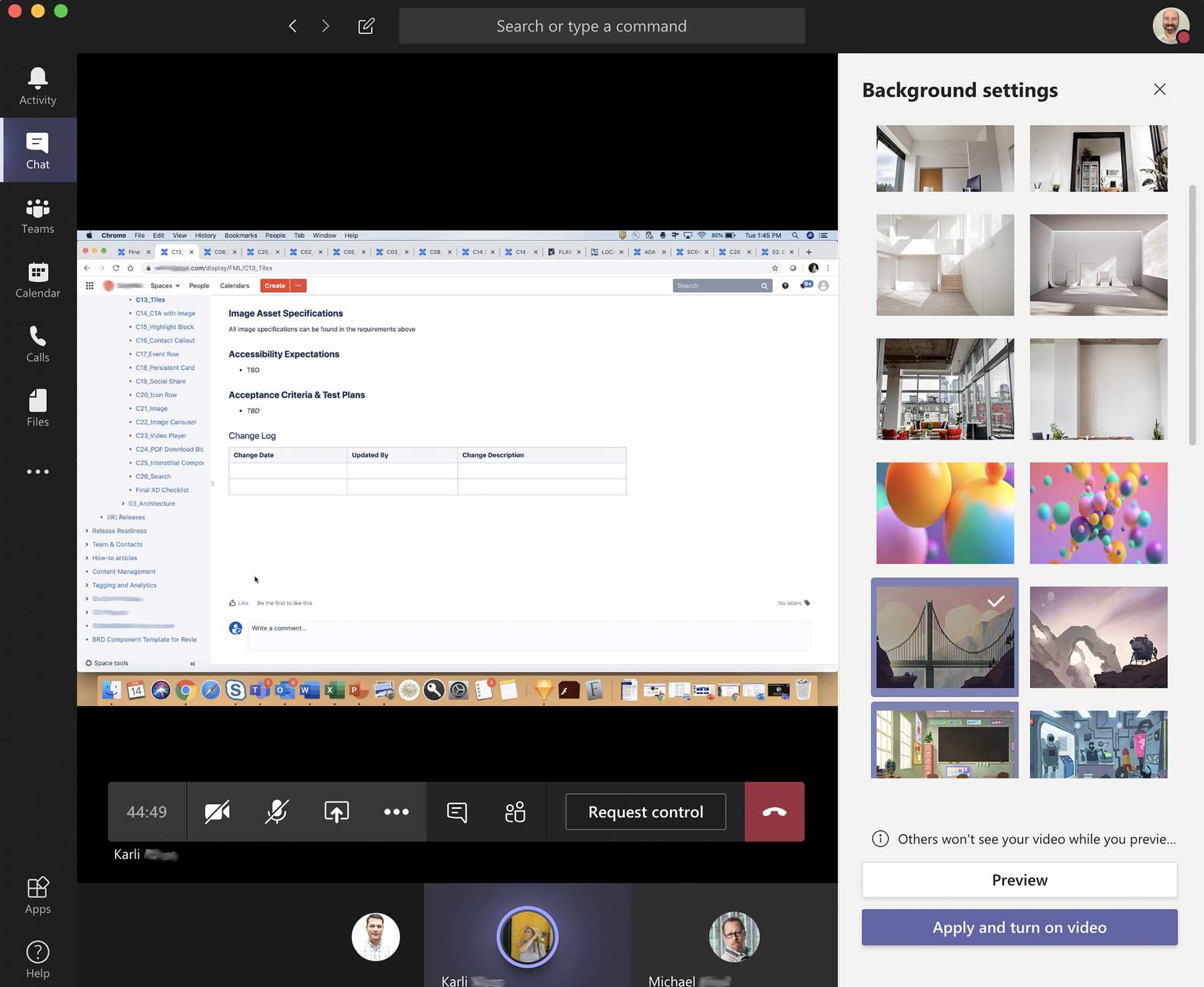 Captura de tela da visualização dos efeitos de fundo do Microsoft Teams