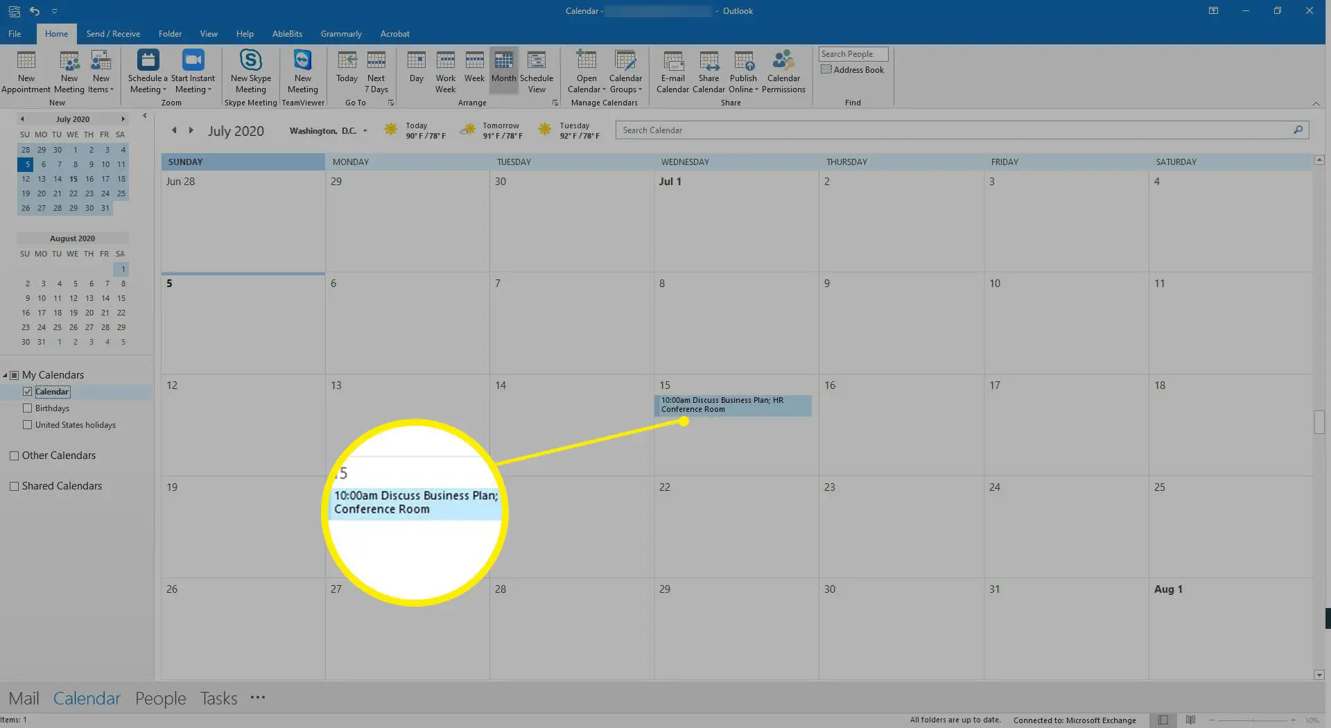 O calendário do Outlook mostrando reuniões agendadas.
