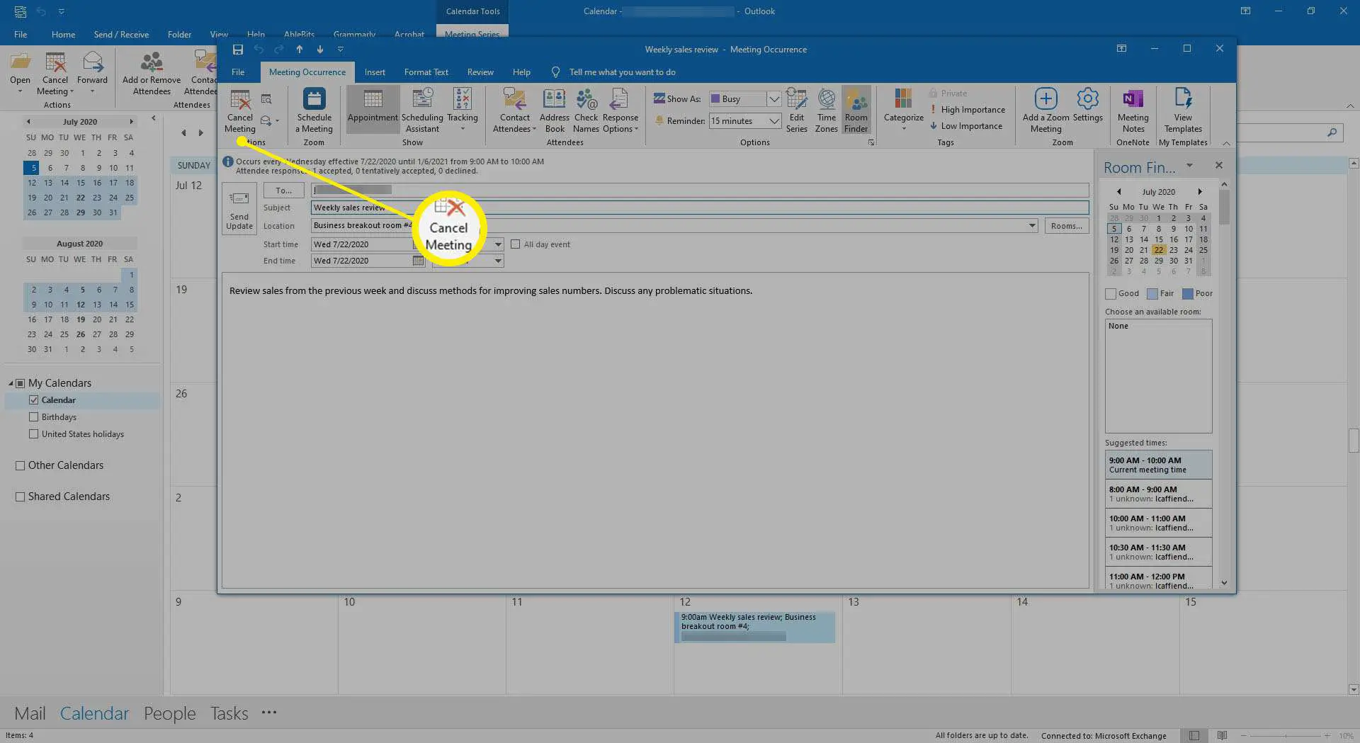 O Calendário do Outlook mostrando uma série de reuniões recorrentes.