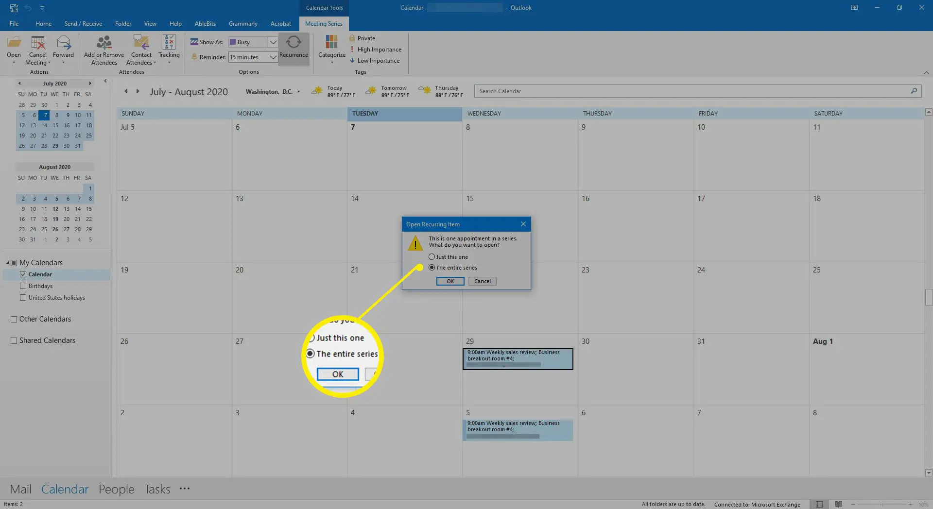 Selecionando para abrir uma série de reuniões de calendário no Outlook.