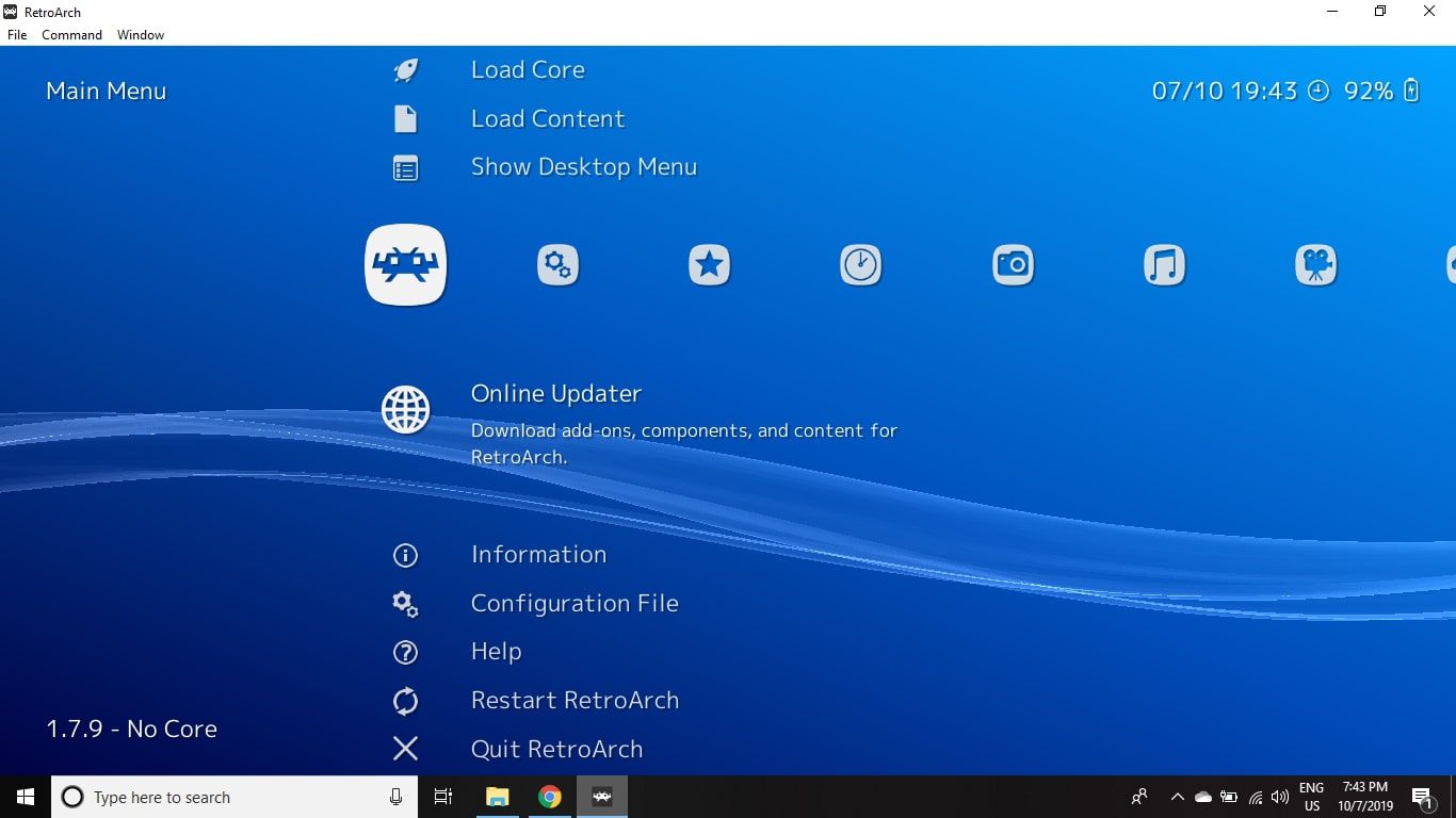 Selecione Atualizador online no menu principal para baixar atualizações e extensões para personalizar RetroArch.