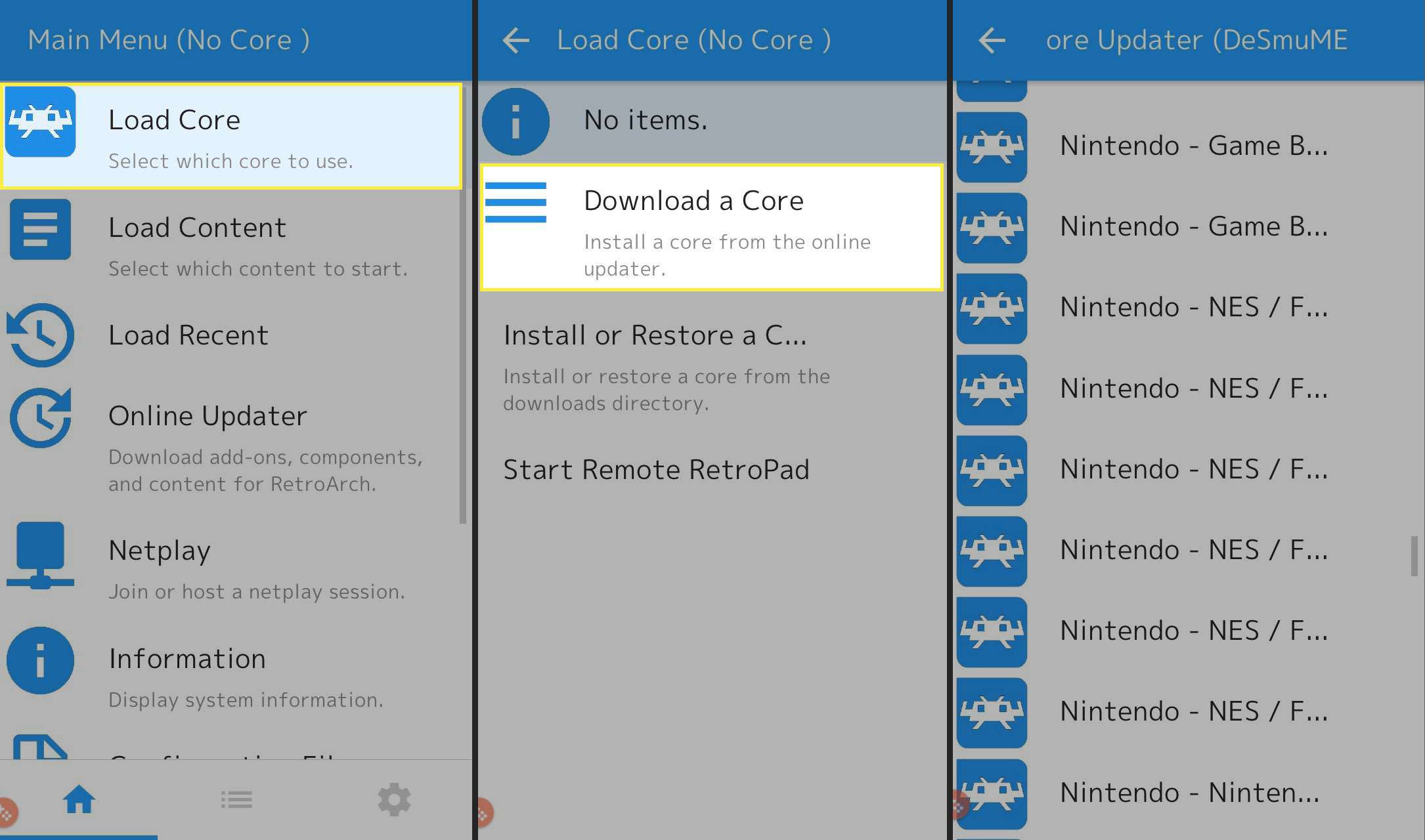 Baixando um núcleo no aplicativo RetroArch