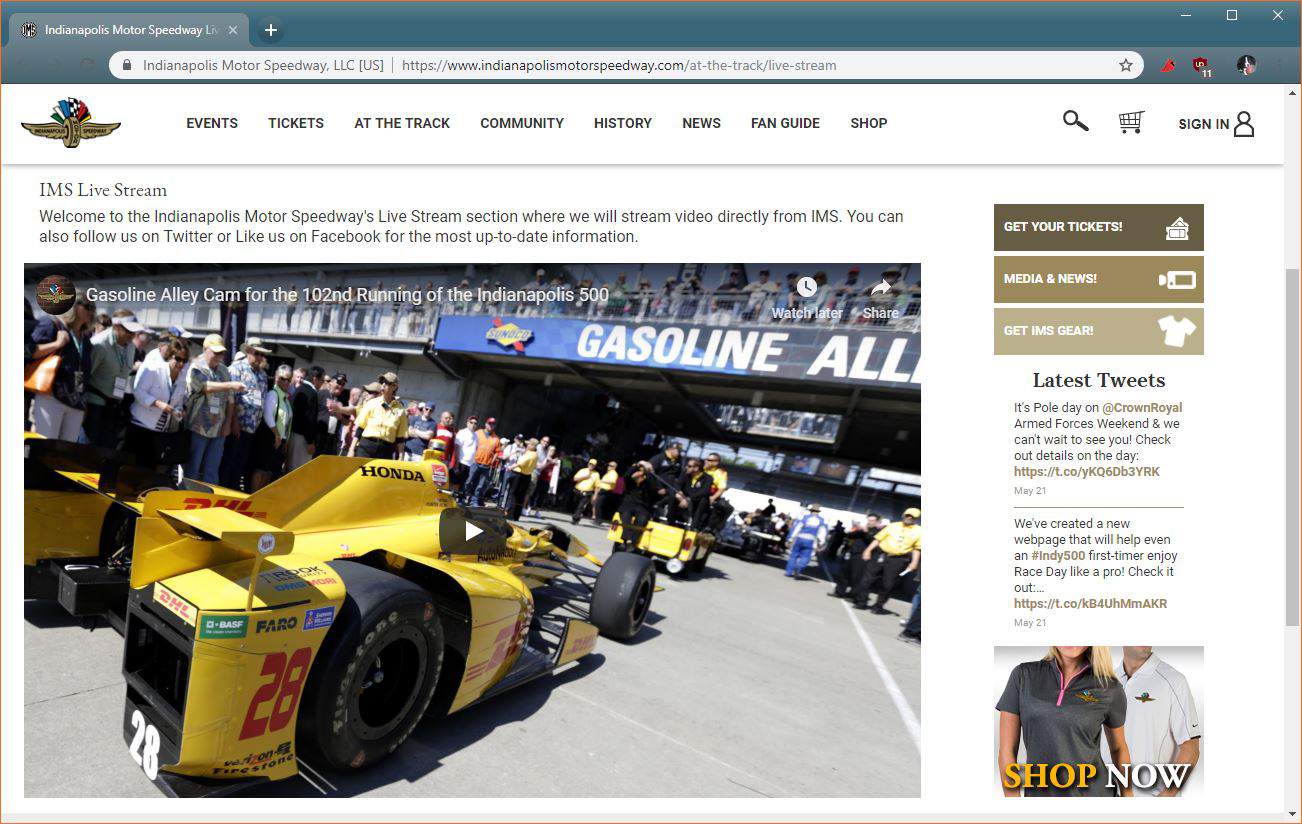 Uma captura de tela do IMS Live Stream oficial do Indy 500.