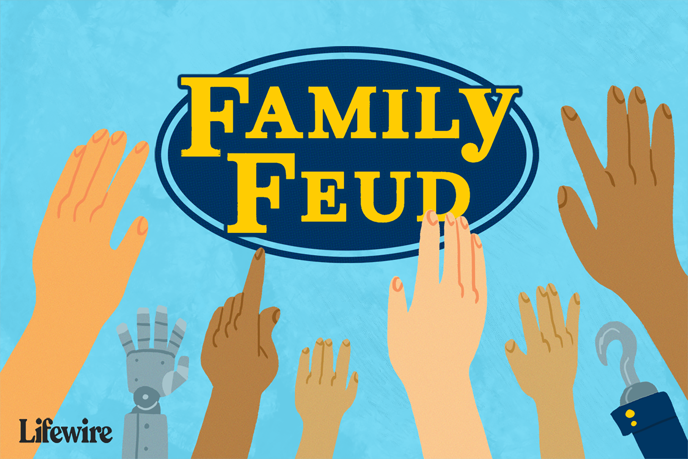 Ilustração de um logotipo do Family Feud com várias mãos sendo levantadas em primeiro plano
