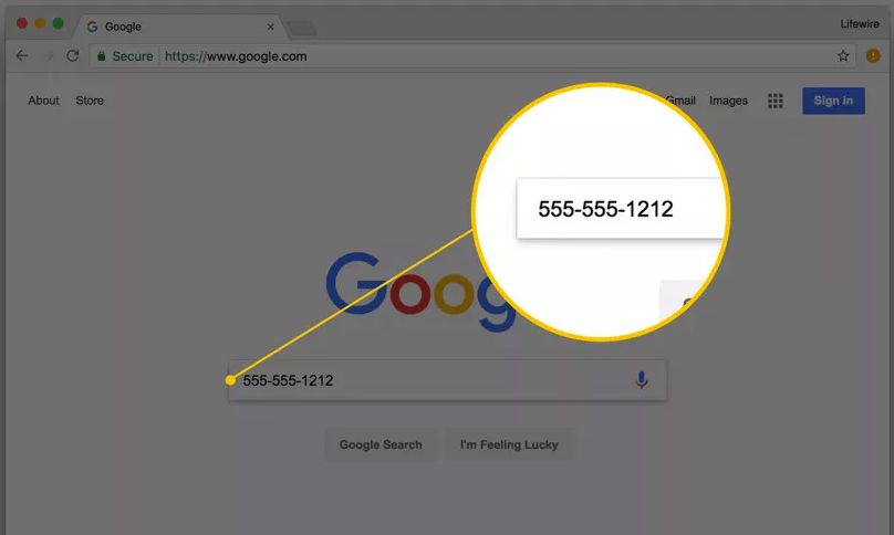 Campo de pesquisa do Google preenchido com um número de telefone para pesquisar