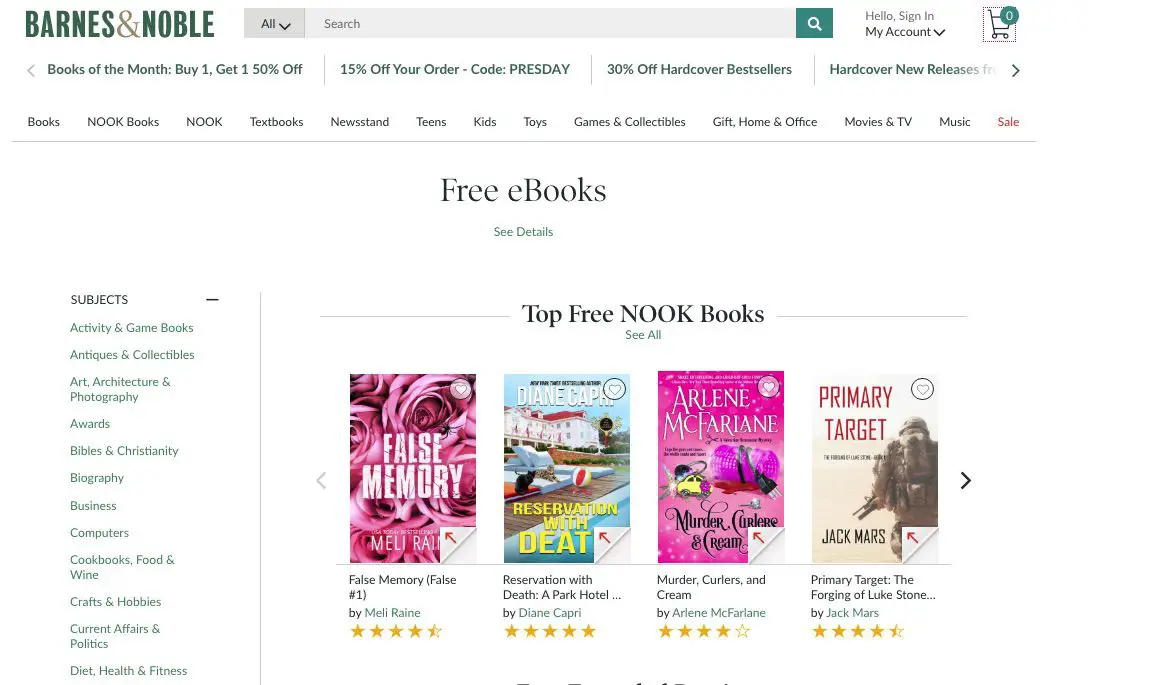 Captura de tela da página de livros gratuitos do Nook da Barnes & Noble